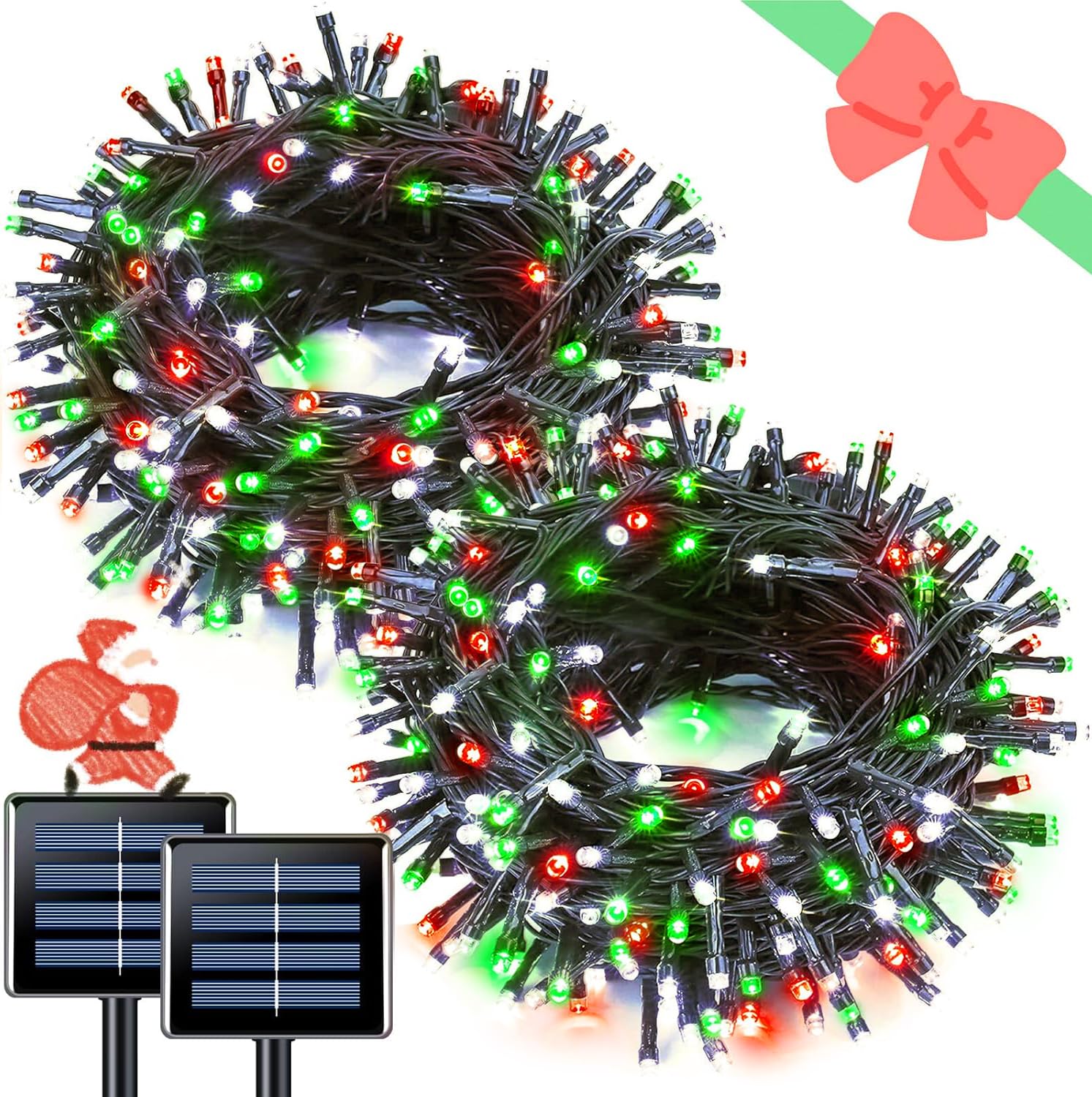 JMEXSUSS 2 Pack Solar String Lights Outdoor Waterproof, Total 66 FT 200 LED Solar Christmas Lights Outdoor, Twinkle Light for Christmas Tree Outside Garden Yard Xmas Decor, Red White and Green