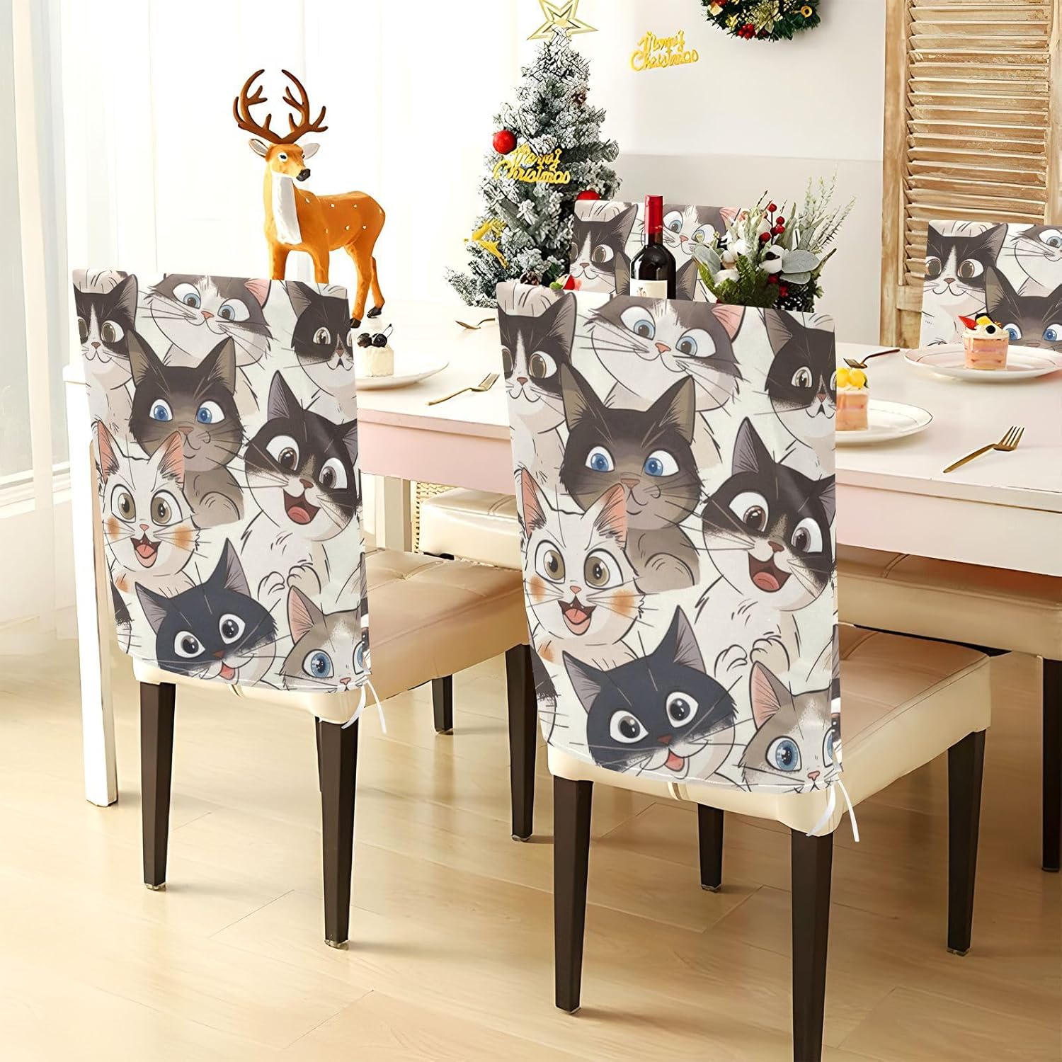 ALAZA Rerto Cute Cats Chair Back Cover Set of 6, Washable Reusable Removable Chair Slipcovers Decorative Chair Cover for Home Kitchen Wedding Party