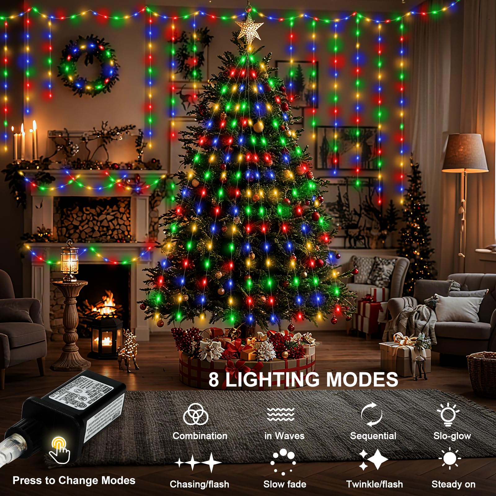 Luces de Navidad de 328 pies con 1000 luces LED para exteriores, alambre transparente, luces de árbol de Navidad con 8 modos impermeables, cadena de luces enchufables para exteriores, interiores