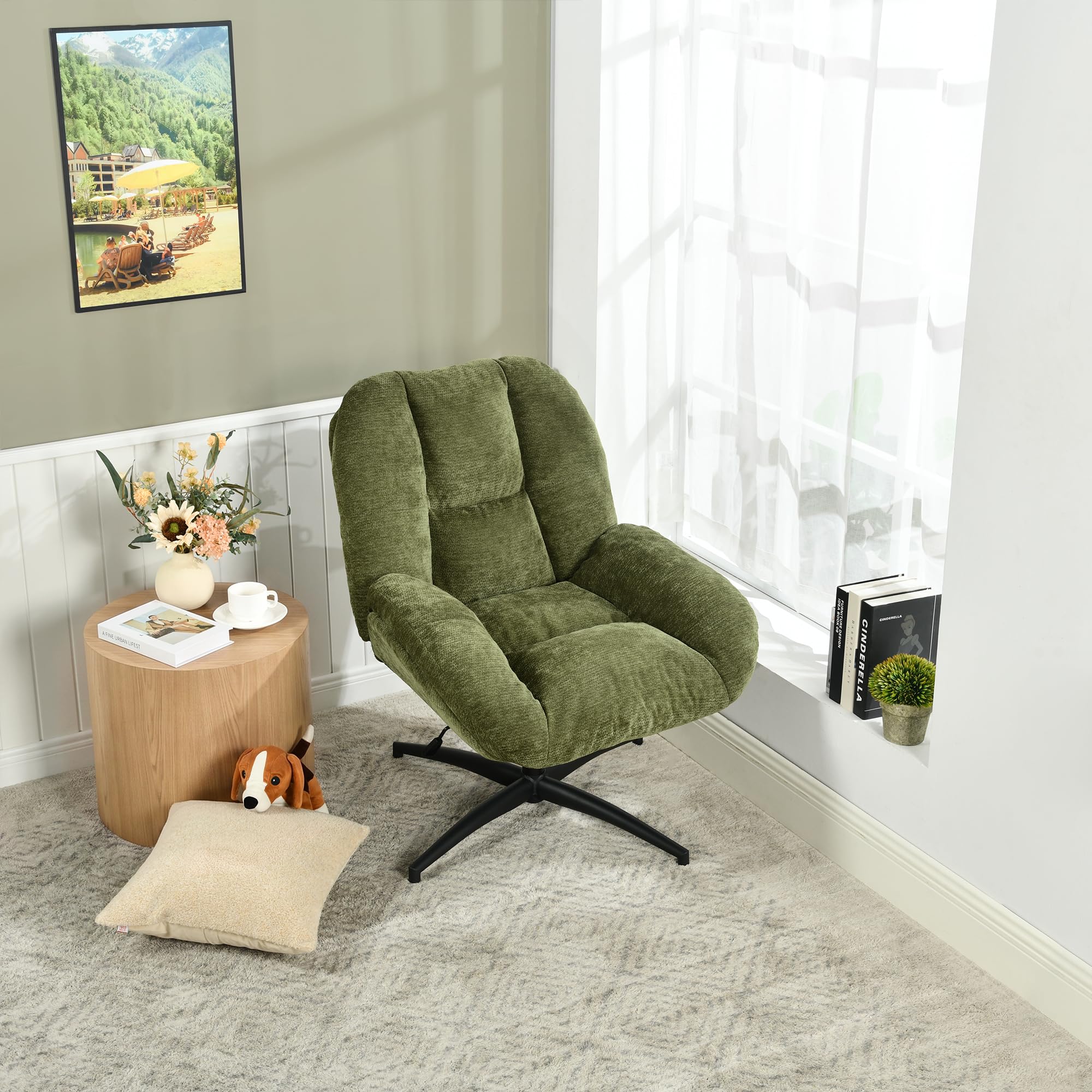 MEUBLE COSY Sillón Giratoria Butaca de Salón con Altura Ajustable Función de Inclinación, Silla Lectura con Tapizado en Tela de Chenilla, Verde