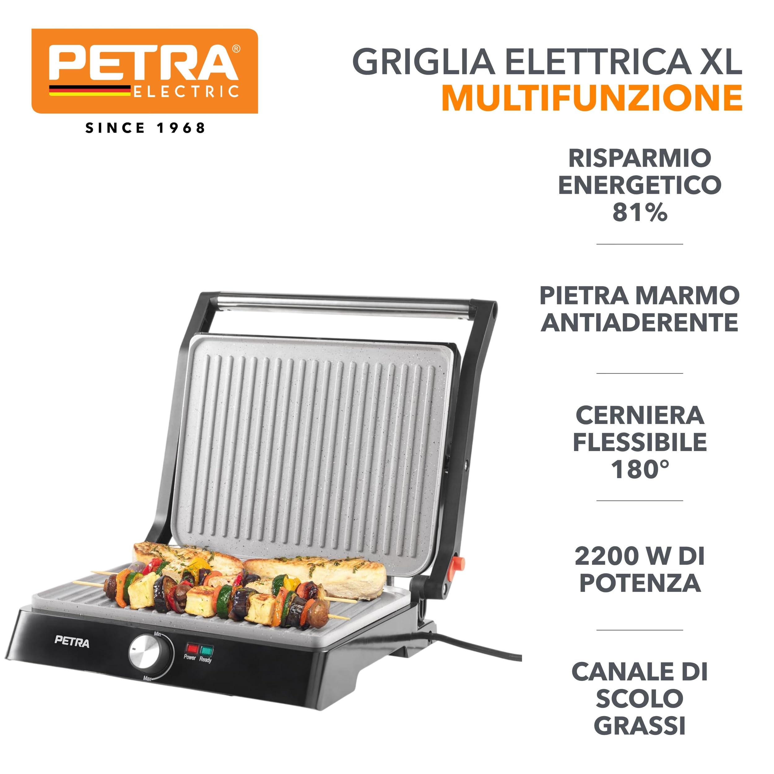 Petra PT4076VDEEU10 Griglia elettrica - Multifunzione presse per panini sandwich, doppia XL 180°, antiaderente, 2 superfici di cottura per verdure, carne e spiedini, non necessita di olio, 2200 W