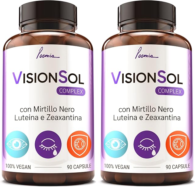 Integratore Occhi Vista, Luteina e Zeaxantina, 2 x 90 Capsule Vegane Poemia | Con zinco, licopene, mirtillo nero, vite rossa e vitamine A e B12; formula antiossidante per occhi