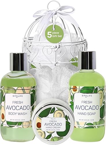 SpaLife Juego de regalo de 4 piezas de aguacate para baño y ducha en jaula de pájaros, gel de baño, jabón de manos, crema de manos y esponja para el