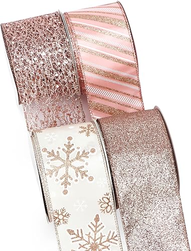 Miniatura 5 de Ribbli - Cinta con alambre dorada champagne para árbol de Navidad, cinta de malla con purpurina y diseño de copos de nieve para manualidades, Dorado