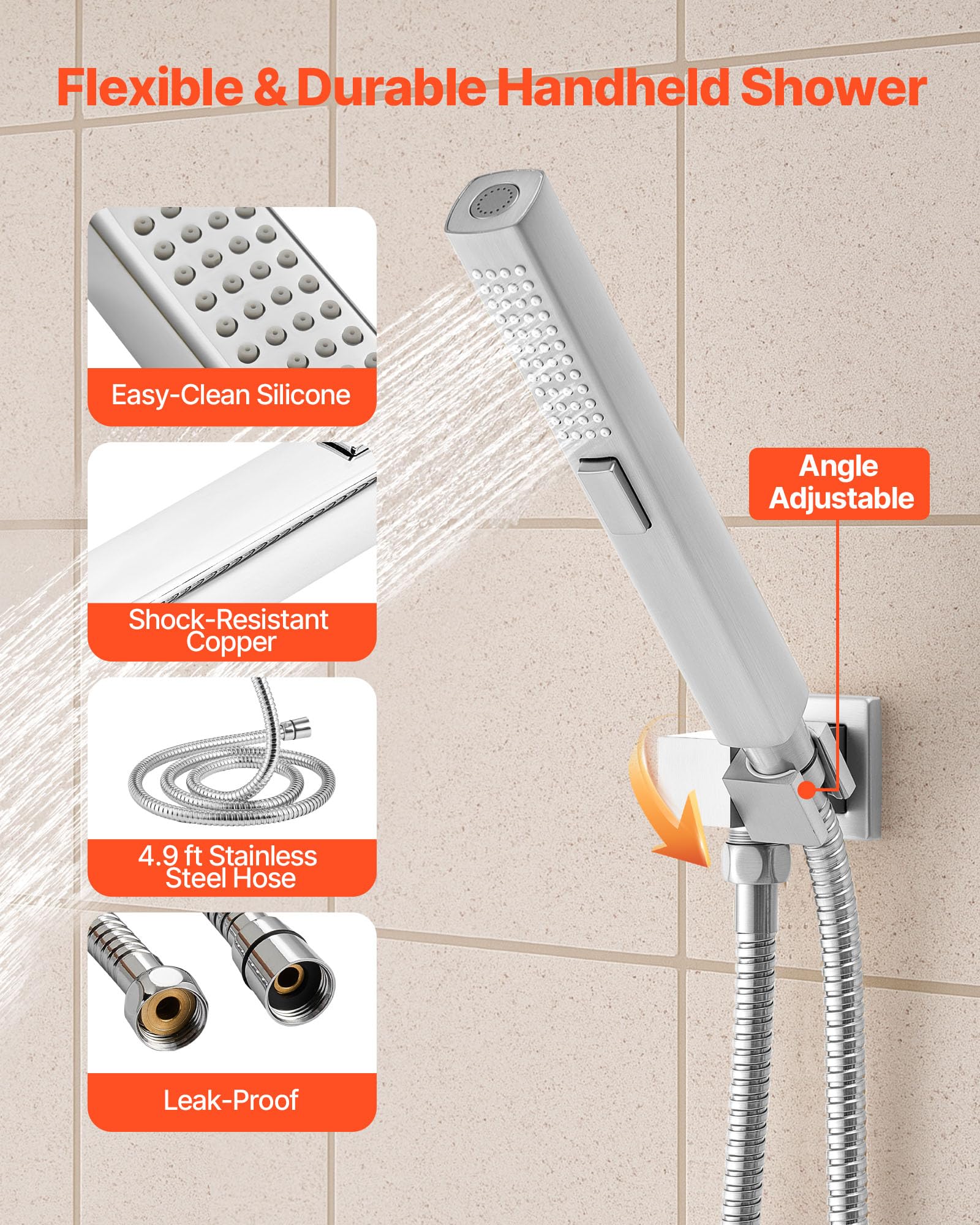 VEVOR Duschsystem-Set mit 10 Zoll Regenduschsystem / 6 Körperbrausen / 2 in 1 Handbrause, drehbarer Regenkopfsystem (3 Funktionen), Messingventil und Verkleidungssatz, Chrom Badezimmer