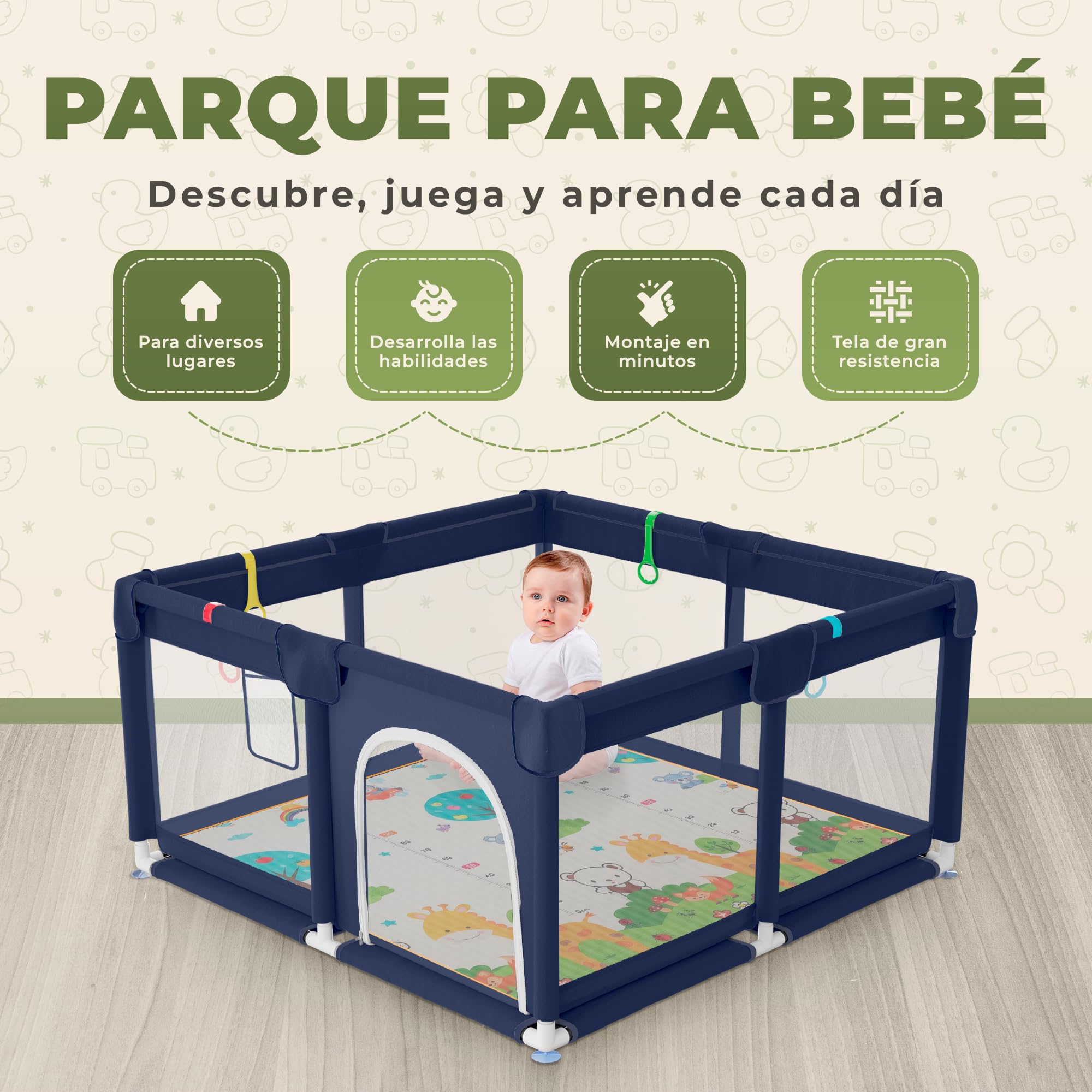 JUPPLIES Parque Infantil Bebe 120x120cm + Alfombra Bebe – Corralito Bebe con Malla Transpirable – Parque de Juegos Bebe Plegable con Puerta Lateral – Playpen Bebe - Azul