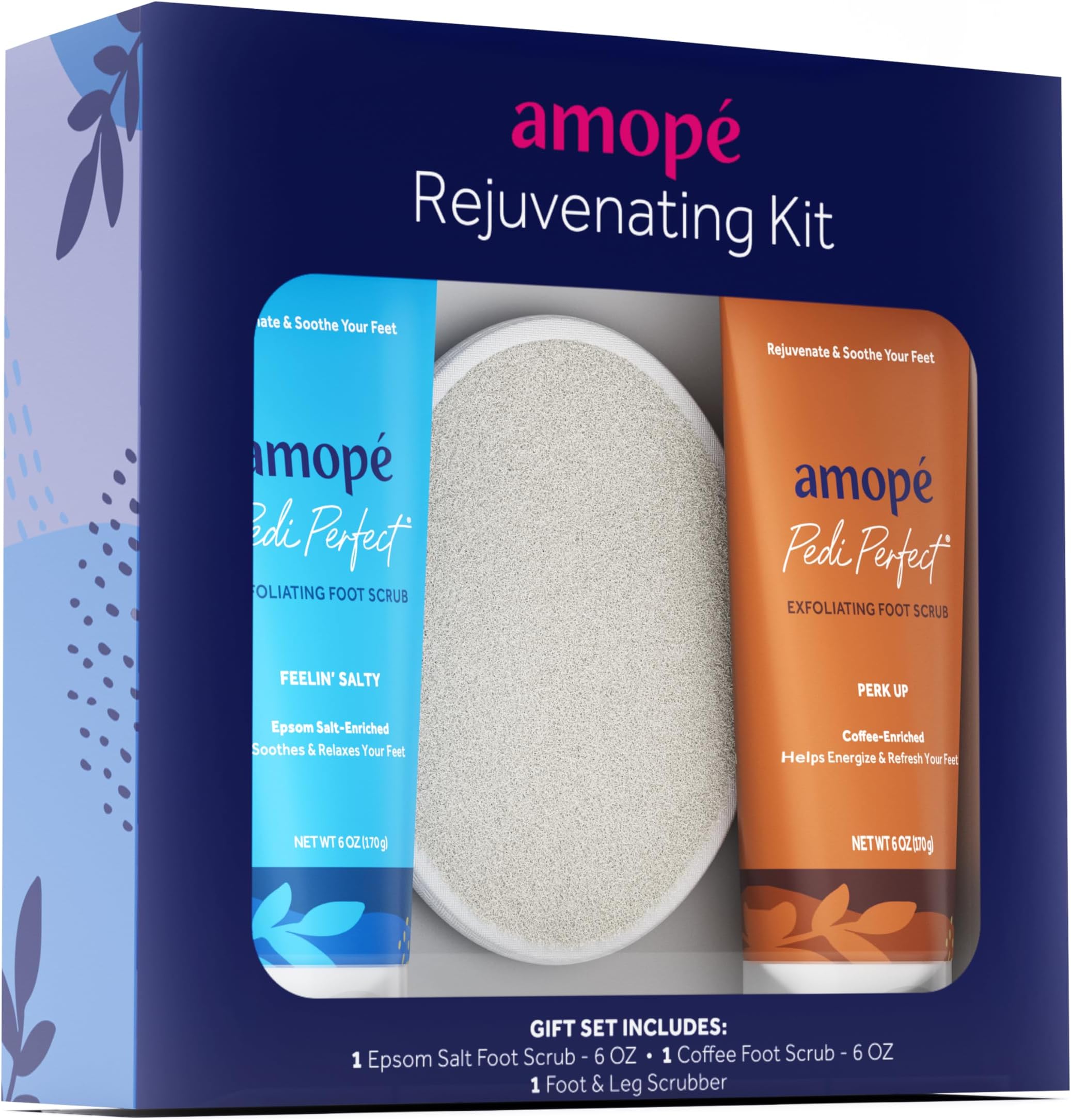 Amopé Rejuvenating Kit - Contains Exfoliating Sugar Foot Scrubs with Epsom Salt, Coffee and a Nourishing Blend of Moisturizers to Rejuvenate, Smooth, Soothe & Relax your Feet, with Foot & Leg Scrubber