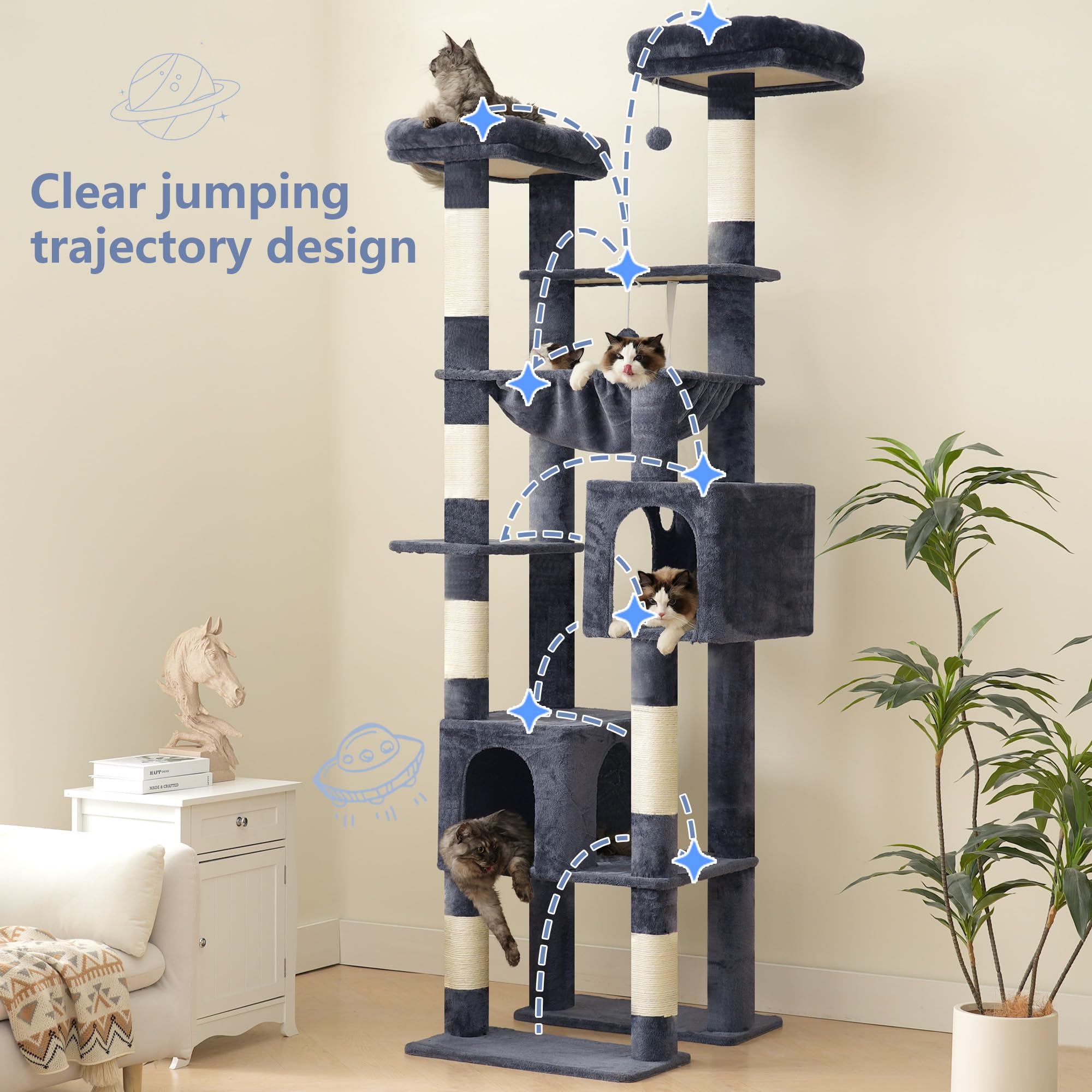 Hey-Brother Hoher Kratzbaumturm, robuste Kratzbäume mit großen Plattformen, gemütliche Höhlen, große Hängematte, Spielzeugbälle, mehrstöckige Möbel für Erwachsene Katzen im Innenbereich, 203 cm