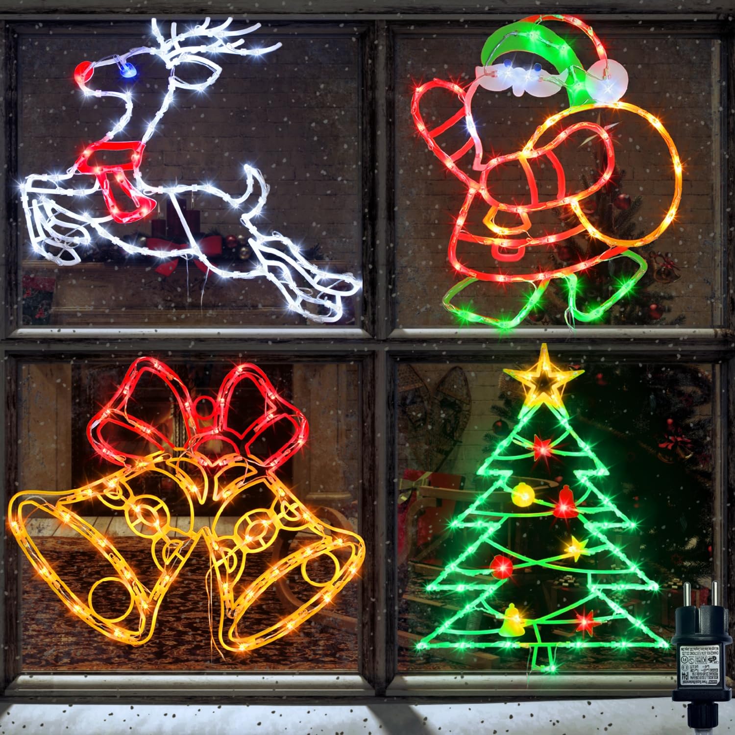 TRWYMZ 4 Stück Bunte LED Weihnachts-Fensterbeleuchtung mit EU-Stecker | LED Weihnachtsfiguren (Weihnachtsbaum, Rentier, Glocke, Weihnachtsmann) für Innen & Außen, Wand, Tür & Fenster