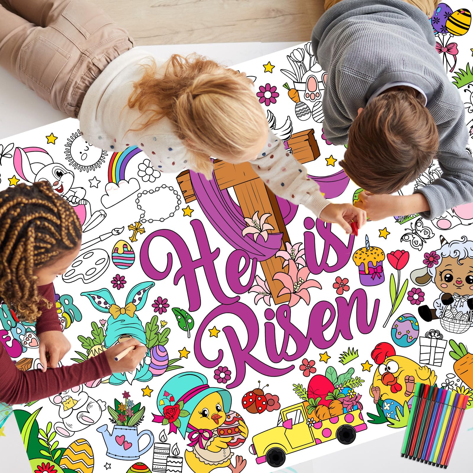 HOWAF Easter He is Risen Coloring Poster with 24pcs Paint Pens,Happy Easter Religious Themed Jumbo Paper Coloring Banner,Jesus Easter Coloring Tablecloth for Kids Easter Party Favors - Image 7