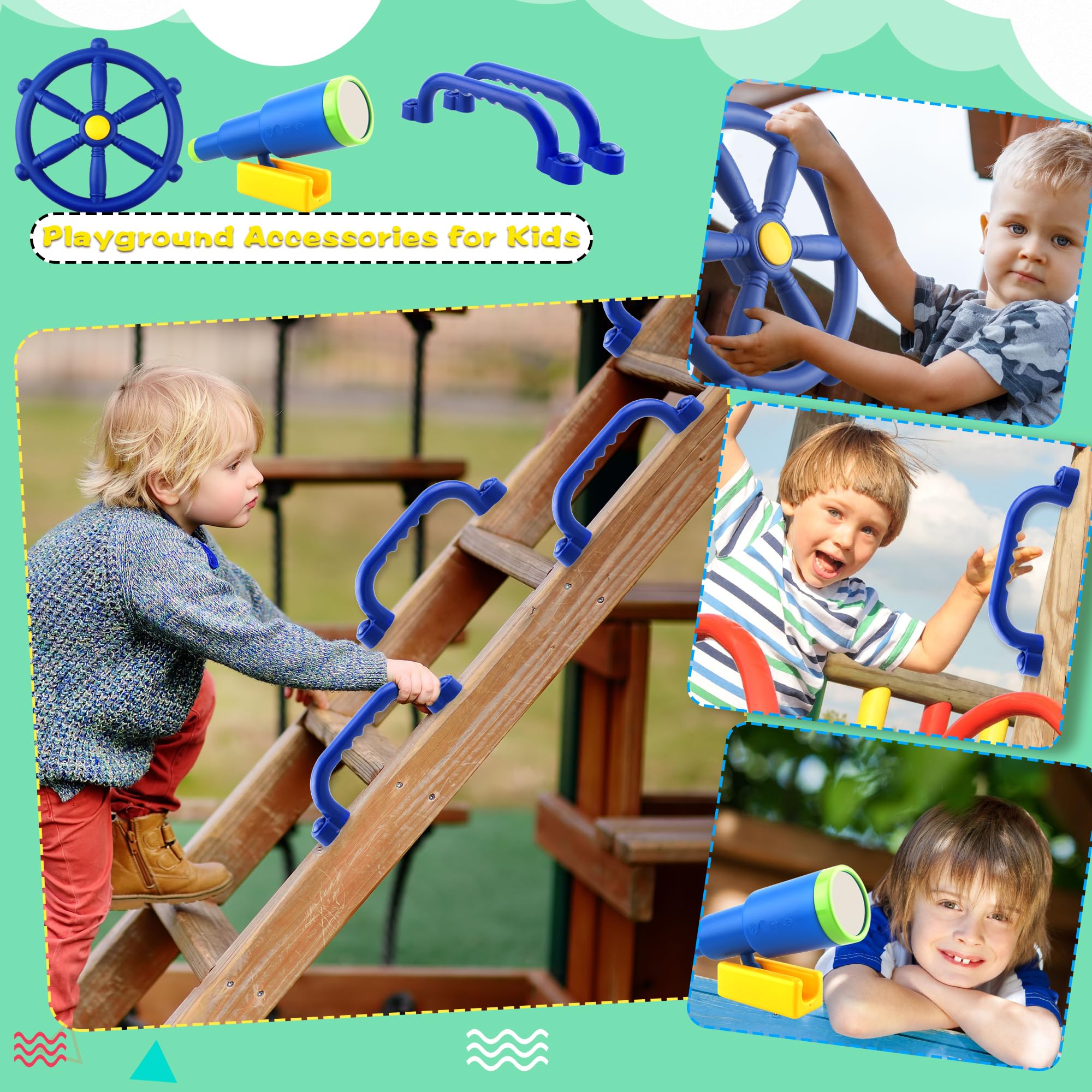 Juego de 4 piezas de accesorios para patio de recreo para niños, juego para exteriores, columpios de plástico para volante, telescopio, asas de seguridad, juguete para jardín, patio trasero, 5