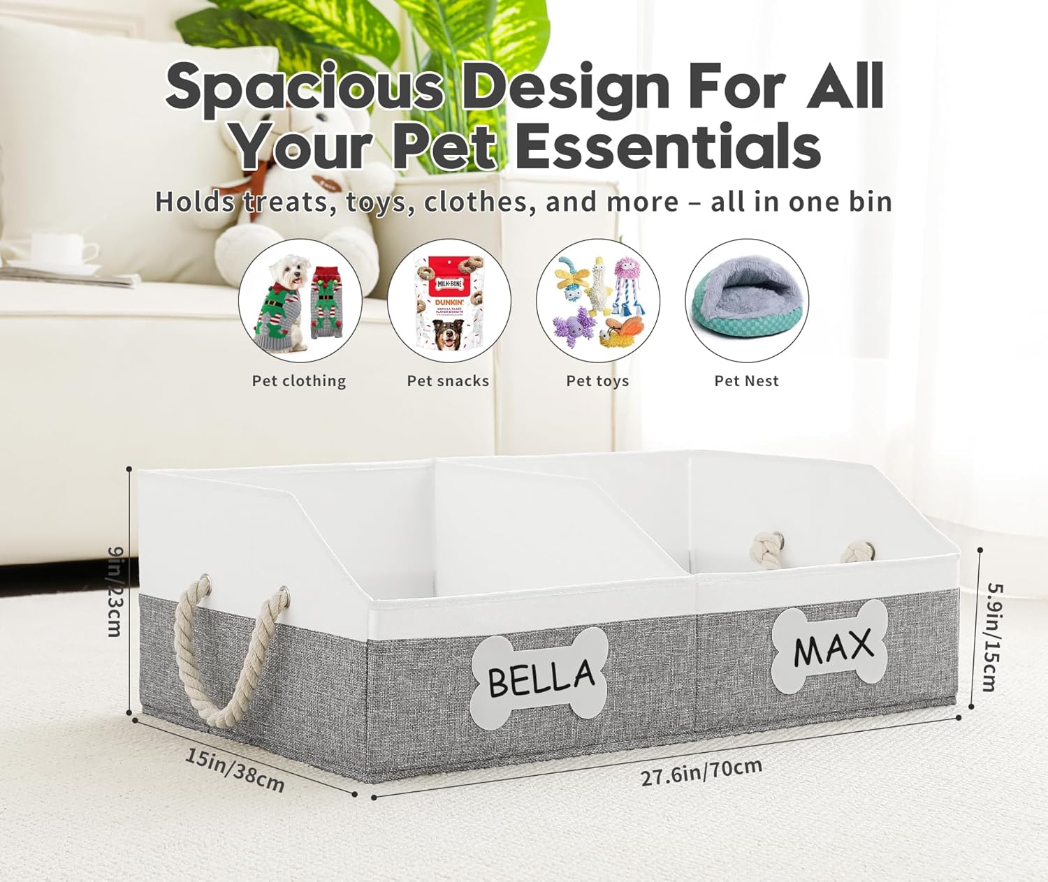 Beveetio Large Dog Toy Basket, Collapsible Fabric Dog Toy Bin with Removable Divider & DIY Tags, Trapezoid Storage Box with Rope Handles for Pet Supplies, Perfect for Living Room Storage-Grey&White