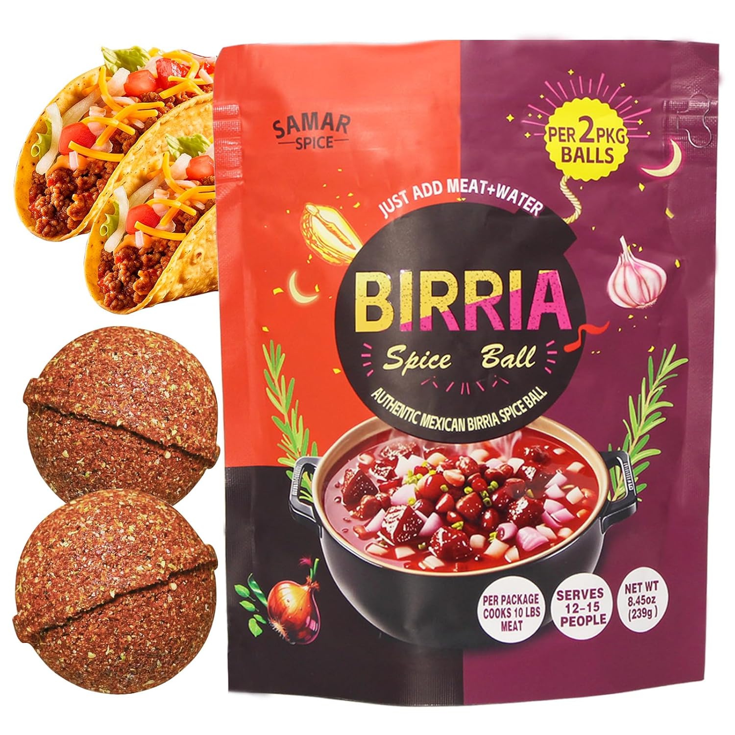 Samar Spice Birria Spice Ball Seasoning Mix, Mexican Taco Seasoning, 2 Pack, Just Add Meat and Water