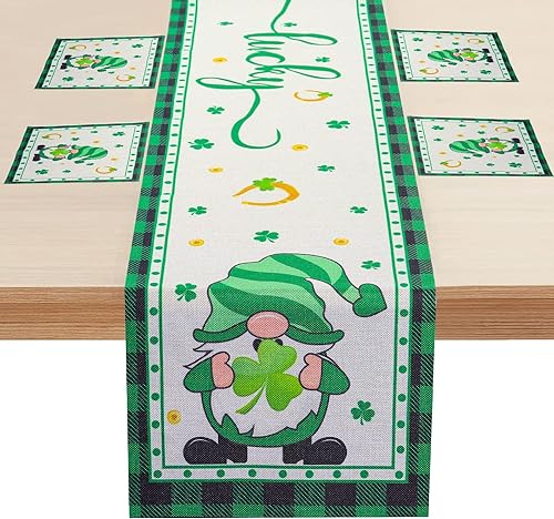 Camino de mesa y manteles individuales del día de San Patricio de 13 x 72 pulgadas gnomos de trébol verde camino de mesa de arpillera de la suerte
