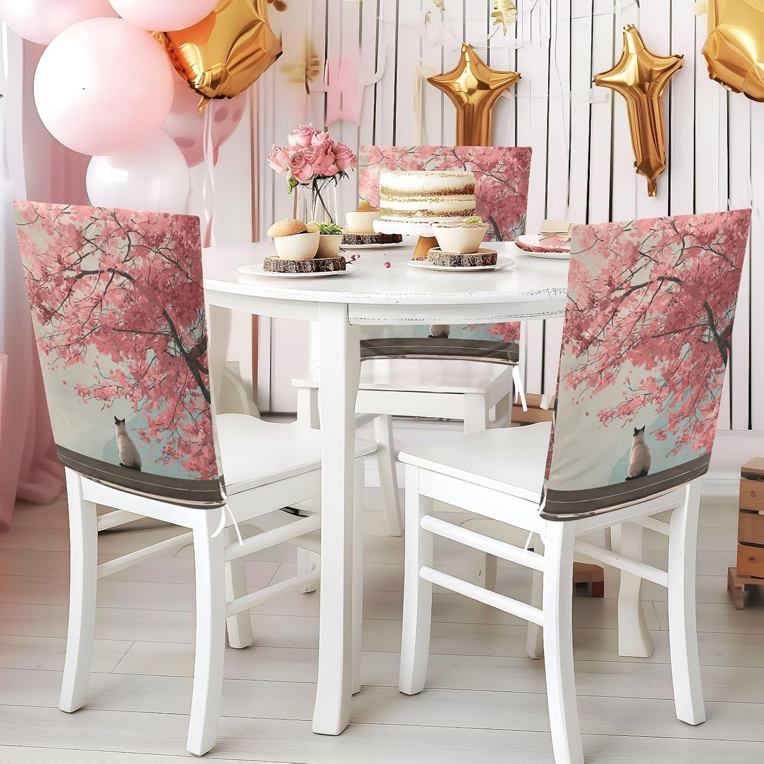 ALAZA Cute Cats Cherry Flowers Japanese Style Chair Back Cover Set of 6, Washable Reusable Removable Chair Slipcovers Decorative Chair Cover for Home Kitchen Wedding Party