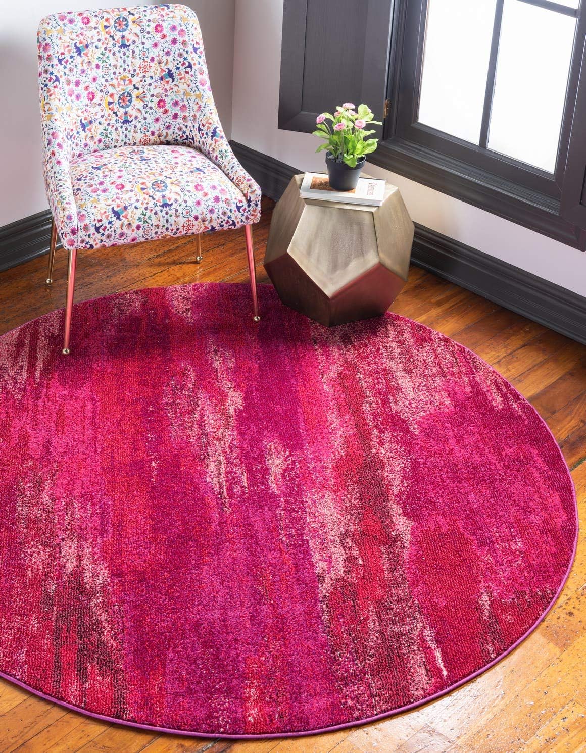 Unique Loom Jardin Collection Colorful, Vibrant, Abstract Watercolor Area Rug (6' 0 x 6' 0 Round, Pink/ Red)