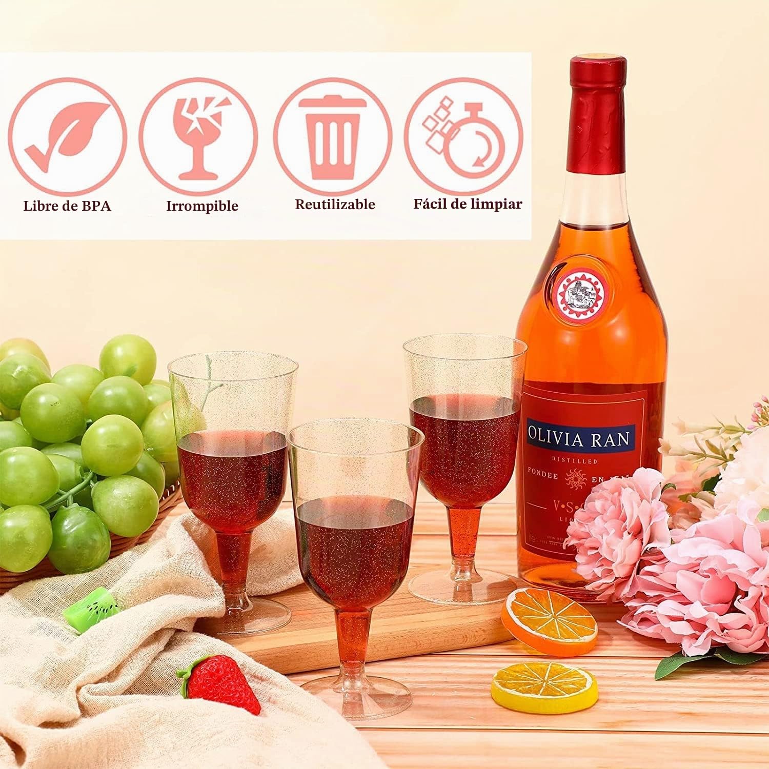 LATERN 50 Piezas Brillo Dorado Copas de Vino, 170ml Copas de Cata de Vino de Plástico Copas de Vino de Fiesta con Tallo Reutilizables Tazas de Postre para Whisky, Champán, Cerveza, Pudín, Mousse