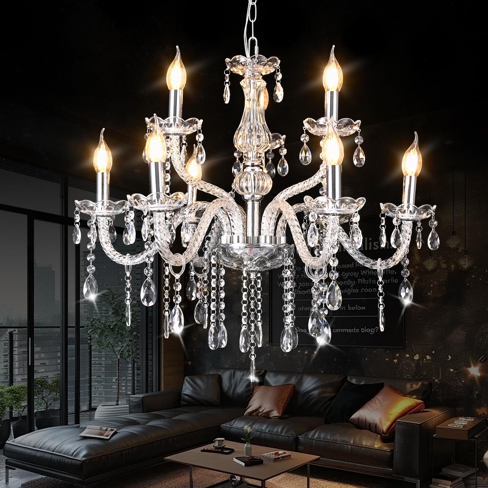 YYSHCHEN 9 Lights Clear Crystal Chandeliers,Glass Chandelier for Dining Room,Living Room,Bedroom.