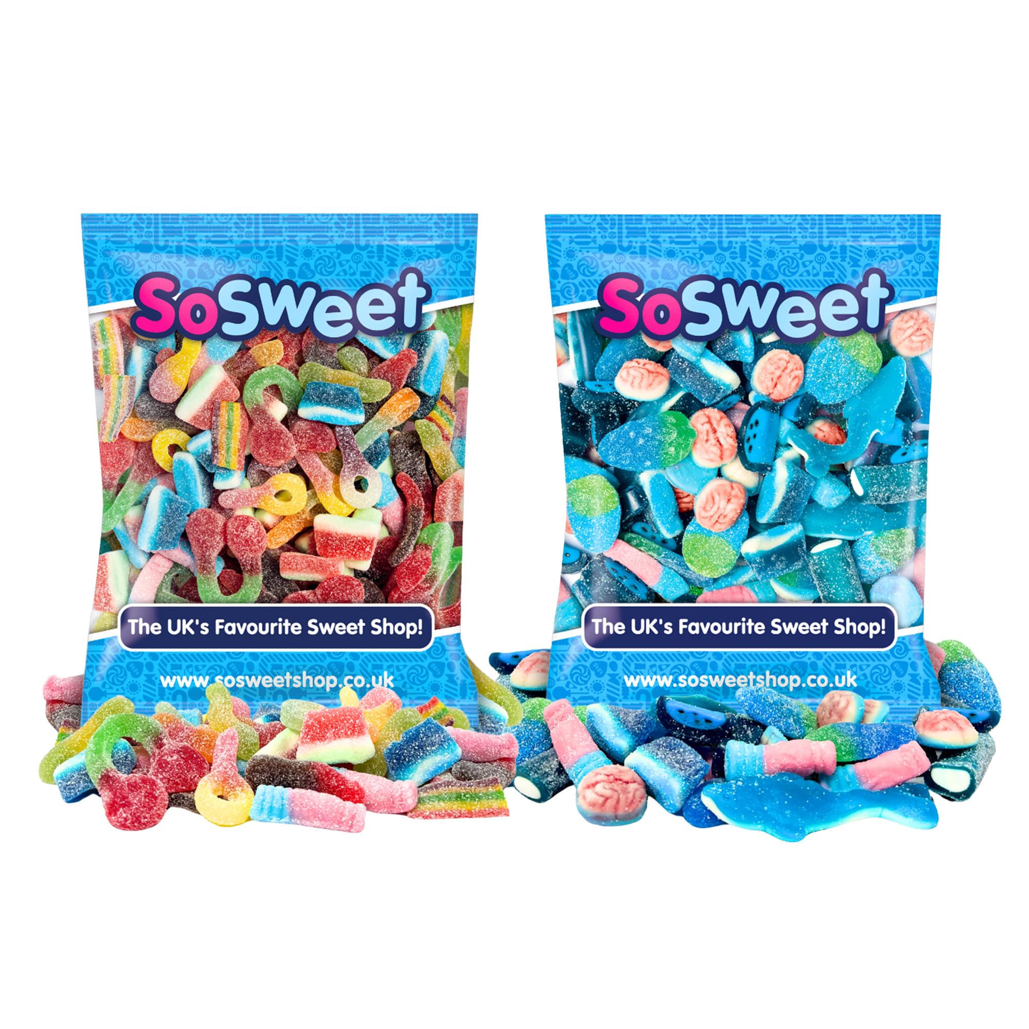 SoSweet Blue Sweet Mix 1kg & Fizzy Sweet Mix 1kg Assorted Sweets Bundle, Fruity and Fizzy Variety in 2 Pouches