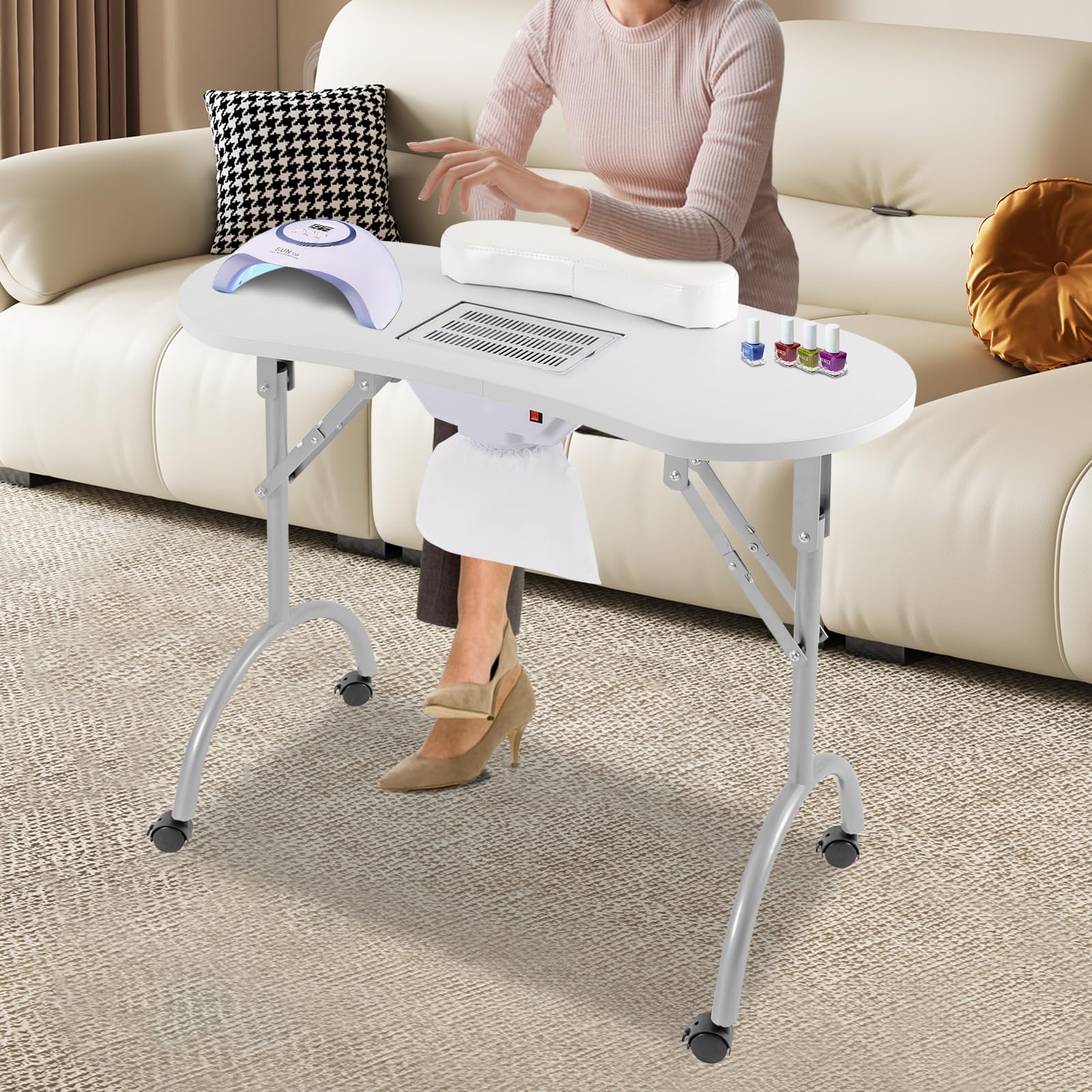 Mesa de Manicura Portátil y Plegable Con Aspiración - 90 x 40 x 72 cm, Bolsa para Polvo y Ruedas - Color Blanco