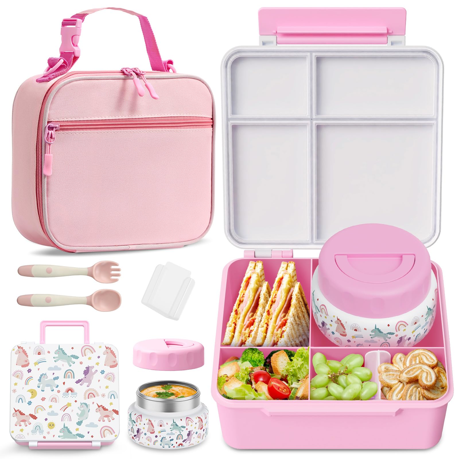 Bento Box for Kids with Thermo Food Container 9oz 4-Compartment Lunch Box Adjustable Divider Leakproof Bento Lunch Box