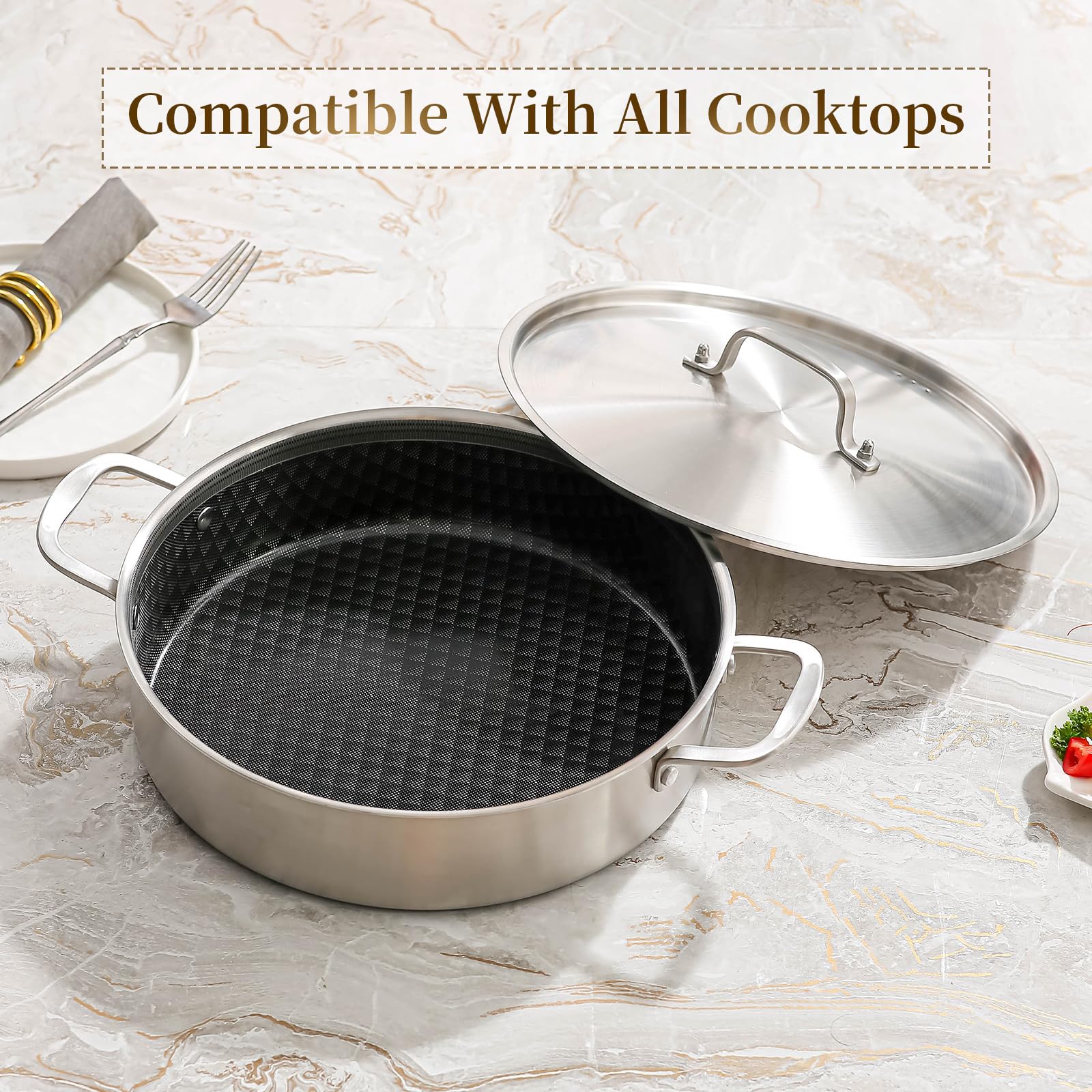 DELARLO 7-Quart Tri-Ply Stainless Steel Braiser Pan - Non-Stick, Oven Safe To 550°F, With Lid