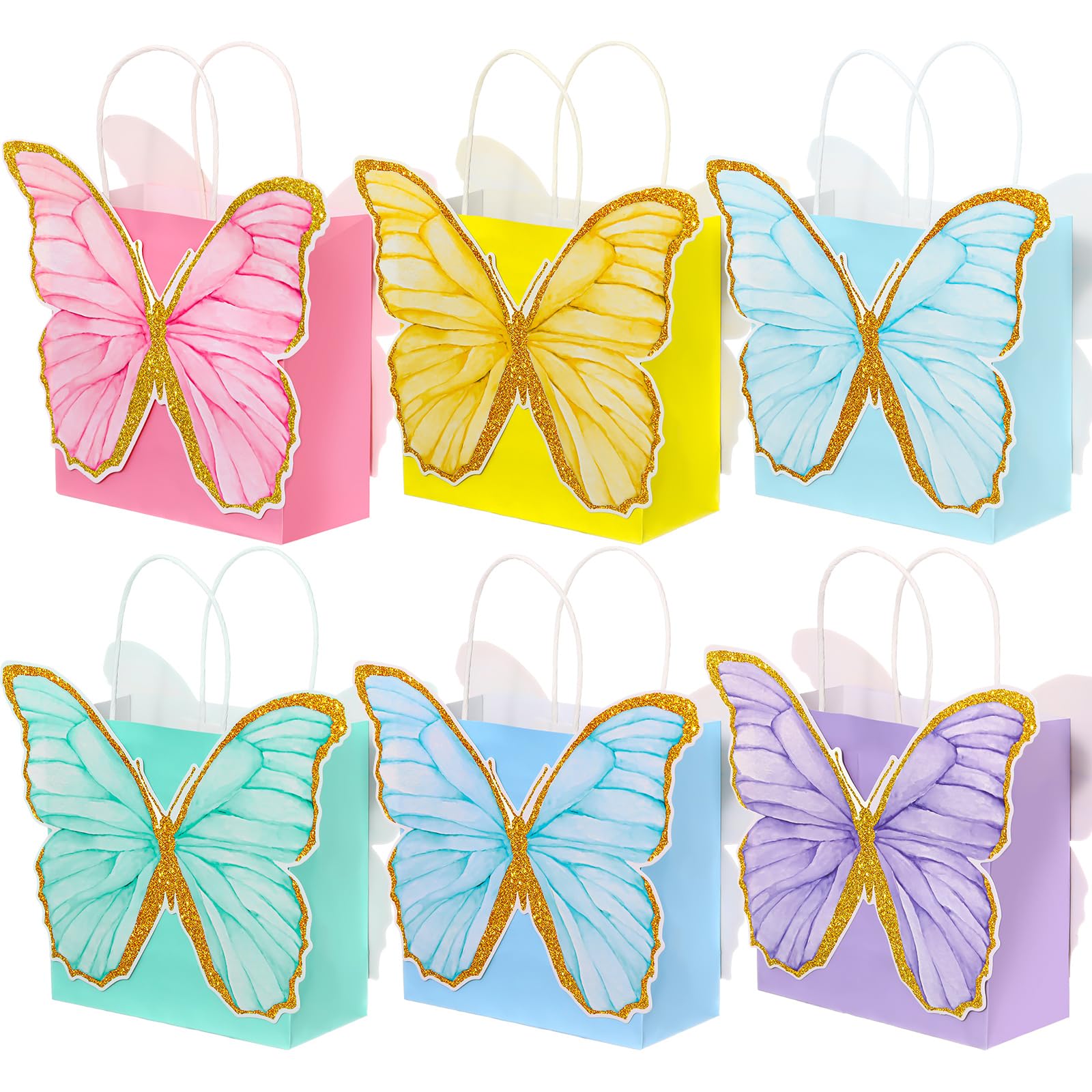 MotiMind 24 Pcs Butterfly Party Favor Bags with Handles Pink Purple Blue Butterfly Goodie Gift Paper Treat Candy Bags for Birthday Party Bridal