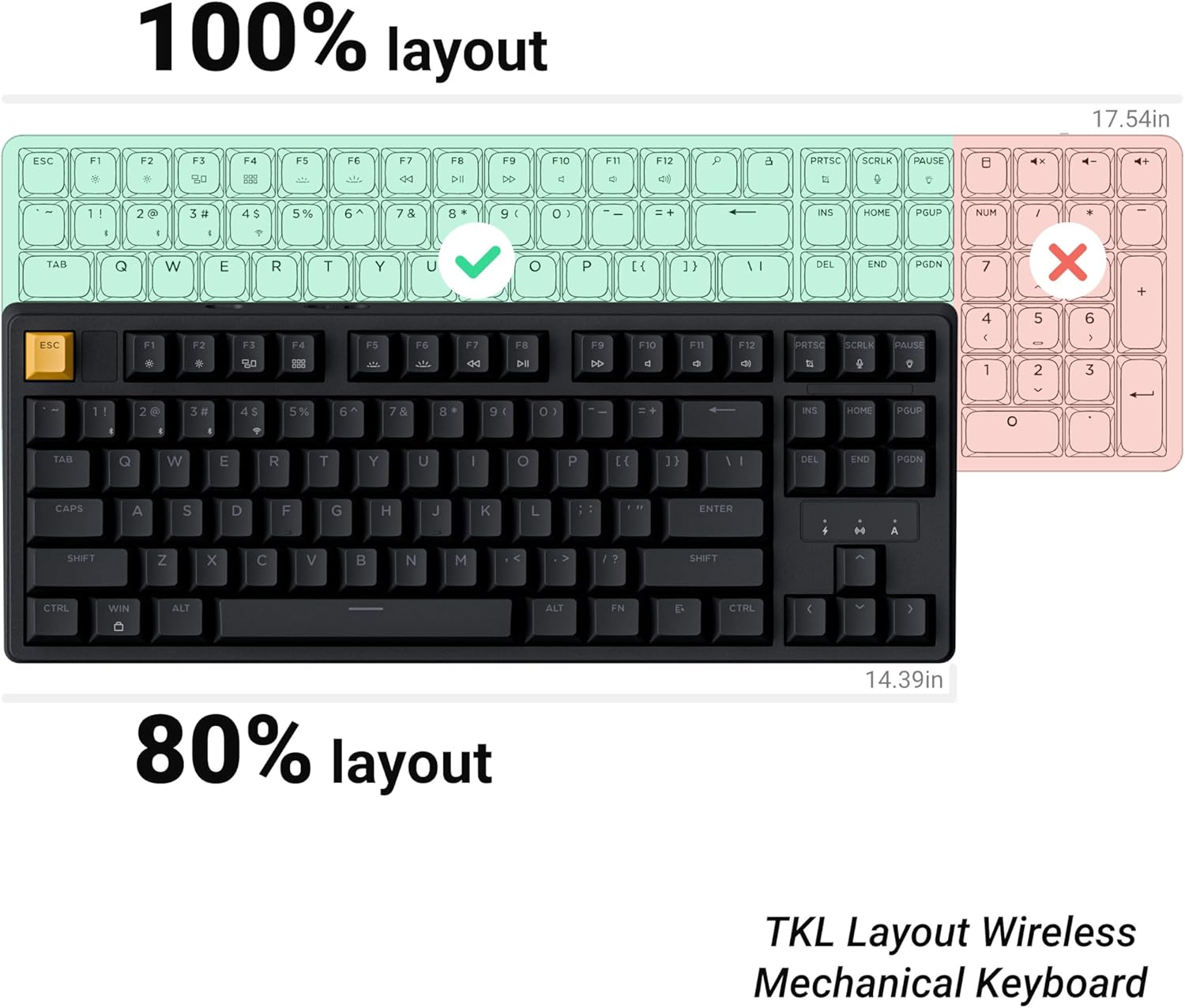 Keychron KJ4 Wireless Mechanical Keyboard - 80% Layout(87 Keys) Banana Switch, QMK RGB Backlit, 2.4G/Bluetooth/USB-C, Double-Shot Cherry PBT Keycaps, 3750mAh Battery, Mac/Win/Linux Compatible - Black