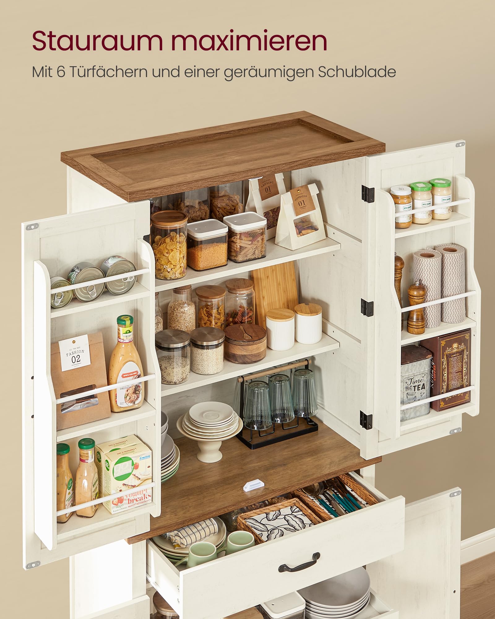 VASAGLE Küchenschrank, 178,6 cm hoher Mehrzweckschrank, Landhausstil, mit Schiebetüren, Schublade, Ablage und verstellbaren Einlegeböden, für Küche Esszimmer, vintageweiß BBK364W02