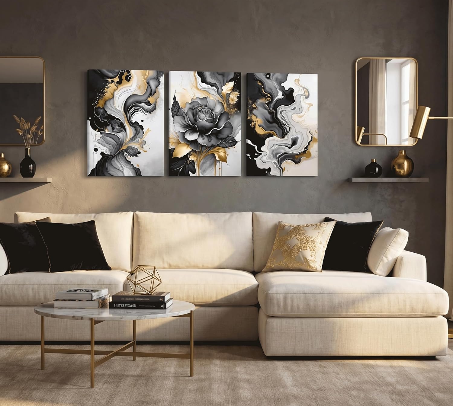 3pcs Black And Gold Abstract Canvas Wall Art Modern Black Grey And Gold Marble Wall Decor Pictures Minimalist Foil Fluid Texture Posters Prints for Living Room Bedroom Office Home Decoration