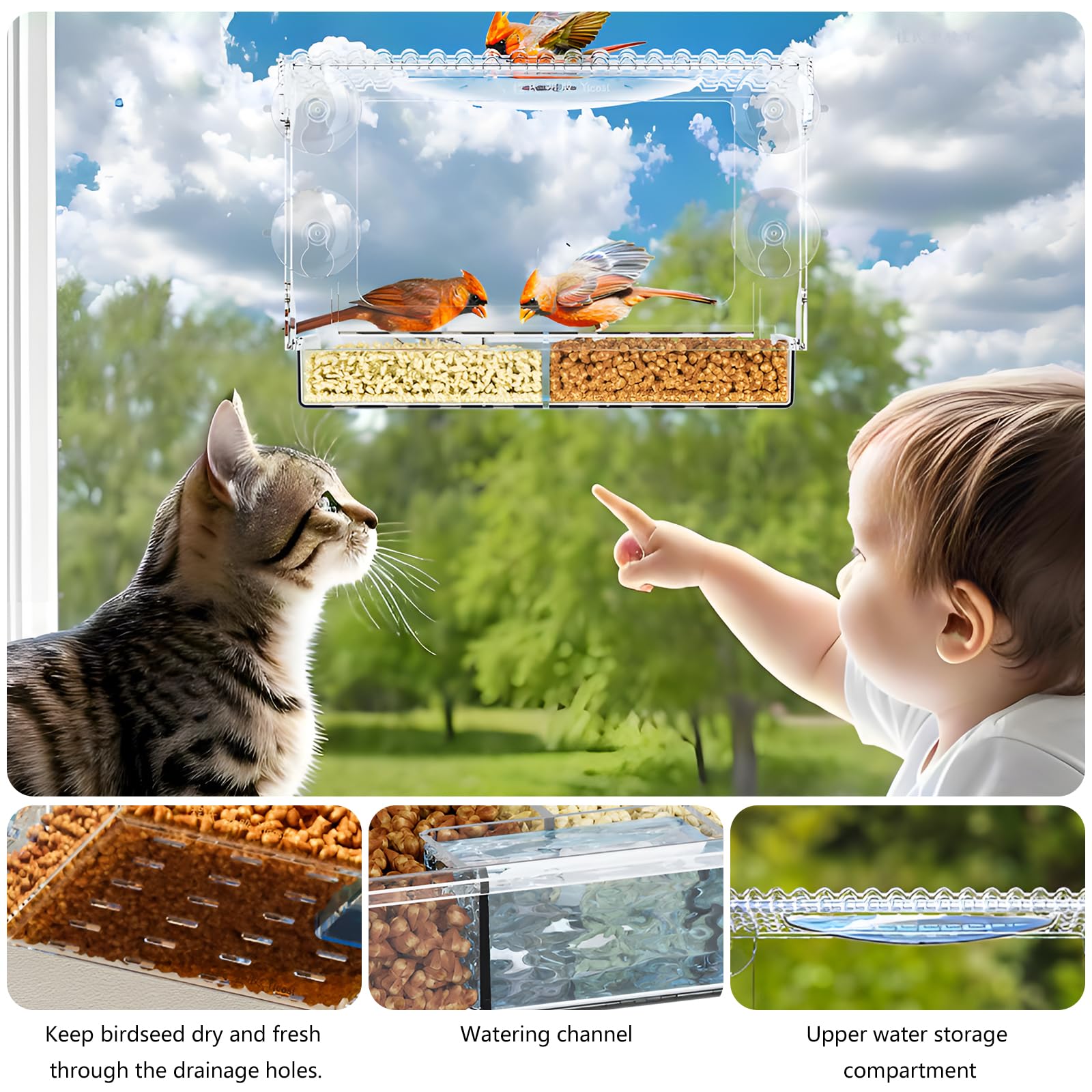 Domek dla ptaków szyba okienna 24,6 x 9,8 x 13,7 cm, zdejmowany dozownik karmy dla ptaków, okno z przyssawkami, do obserwacji ptaków, dekoracja ogrodowa, prezent