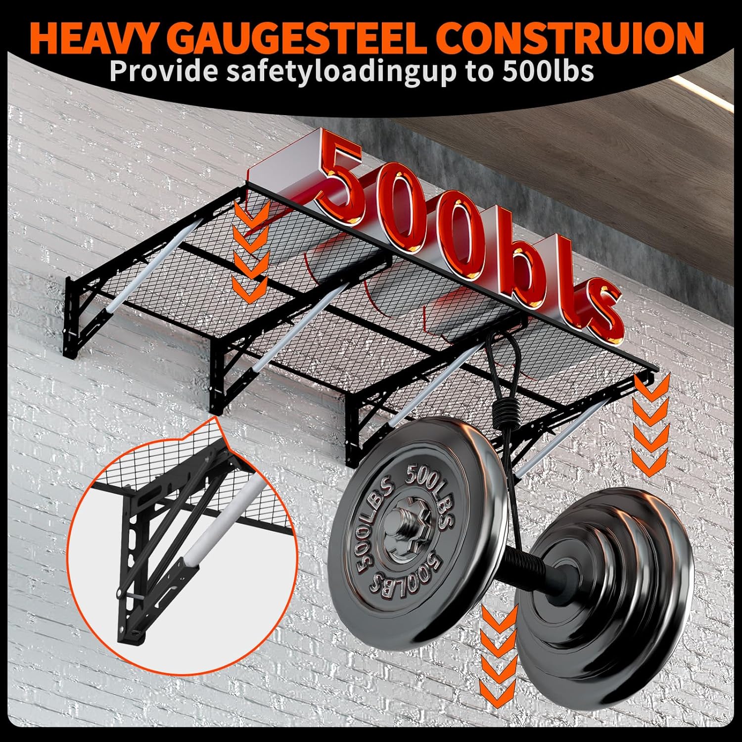 Heavy Duty Foldable Garage Storage Shelves Wall Mounted Metal Rack Unit Organizer with Removable Edge Barriers, Adjustable System for Corner Wall Use, 52.76 Inch Long 24.45 Inch Large