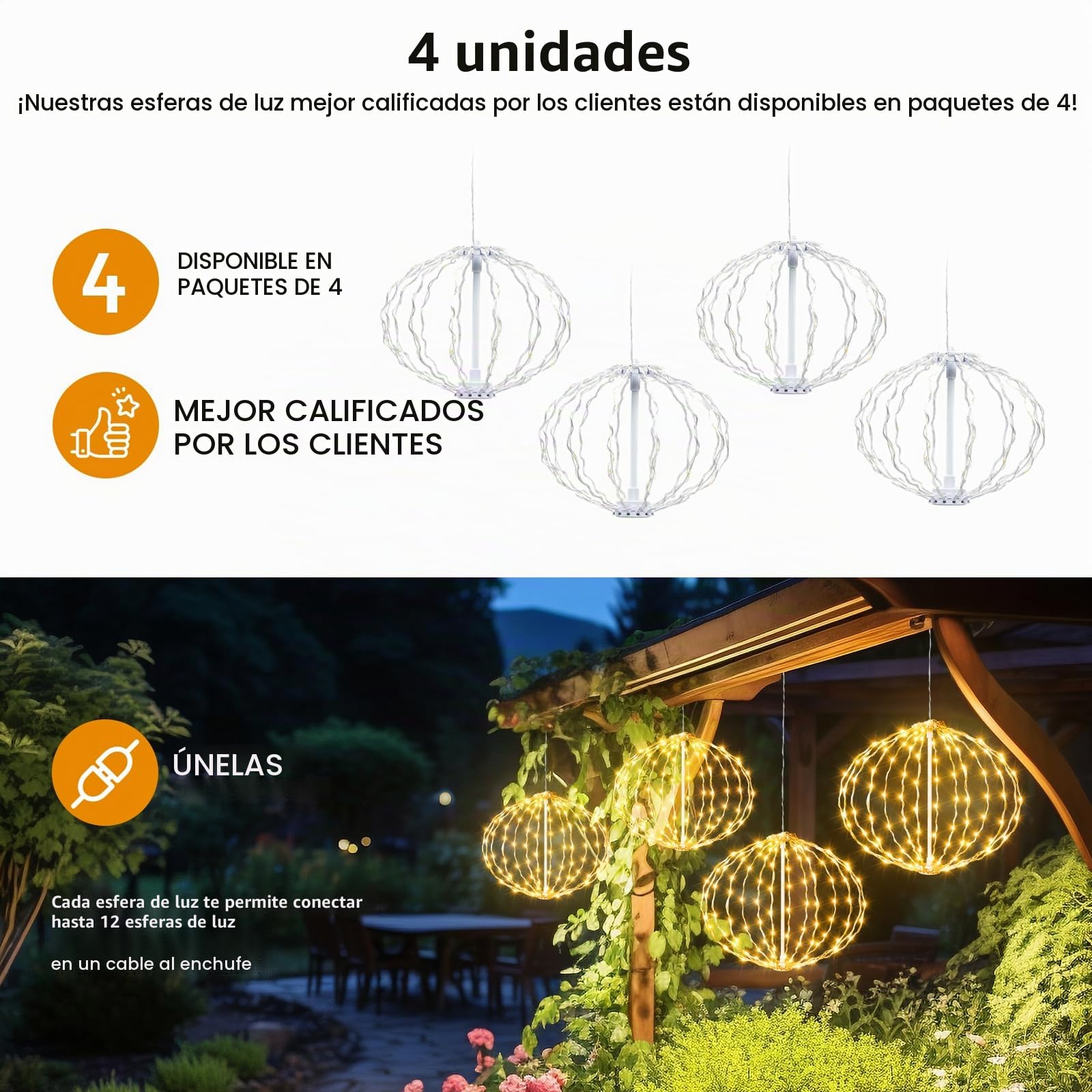 Auting Guirnalda Bolas Navidad LED Blanco Cálido 8 Modos 4 Piezas | Bolas colgantes extensibles de 20cm Ø para decoración llamativa, ideal para jardín, balcón e interiores