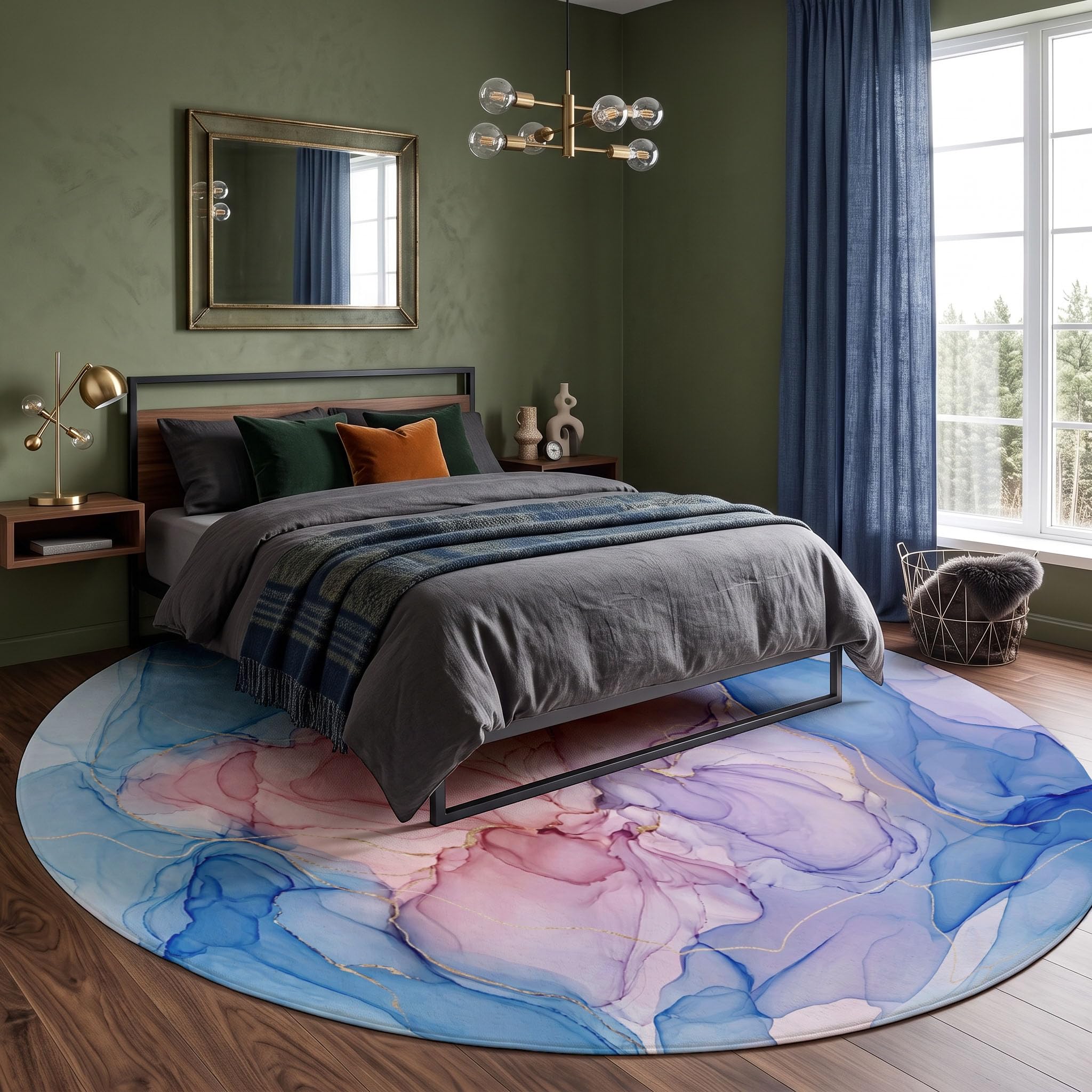 Tapis Rond Blocs De Couleur Dégradés Bleu Rose 120cm | Art Fluide Abstrait Rond Tapis Doux Résistant, Lavable Antidérapant pour Chambre à Coucher Salle à Manger