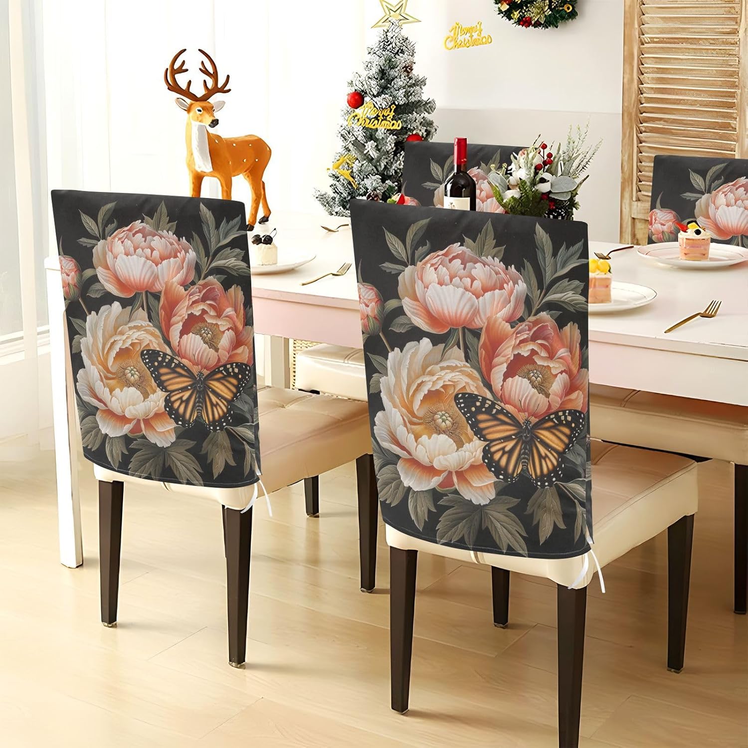 ALAZA Butterfly and Peony Chair Back Cover Set of 6, Washable Reusable Removable Chair Slipcovers Decorative Chair Cover for Home Kitchen Wedding Party