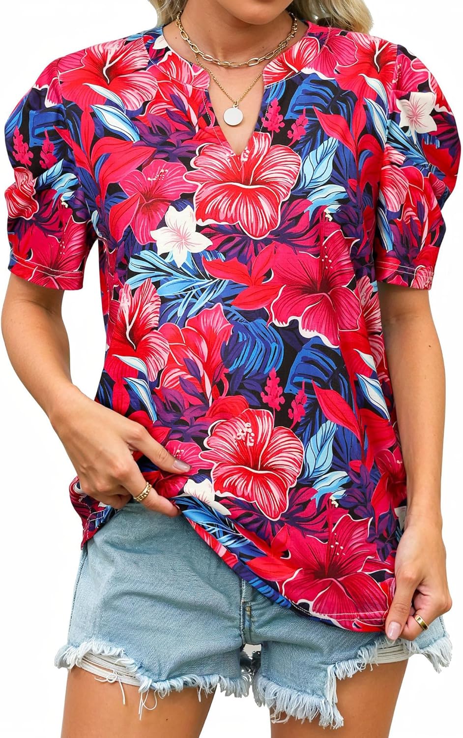 Ezcosplay Women Puff Sleeve Tops Floral Hawaiian Shirt Notched V Neck T-Shirt Casual Tropical Outfits - Image 4