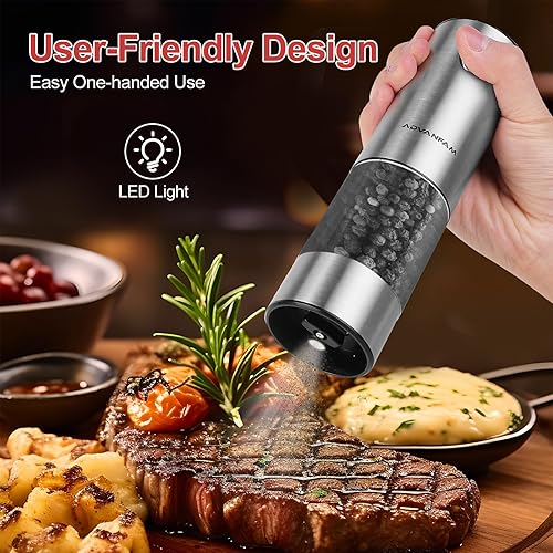 Miniatura 5 de Advanfam Molinillo eléctrico de sal y pimienta de acero inoxidable con luz LED, molinillo de sal y pimienta automático recargable con grosor