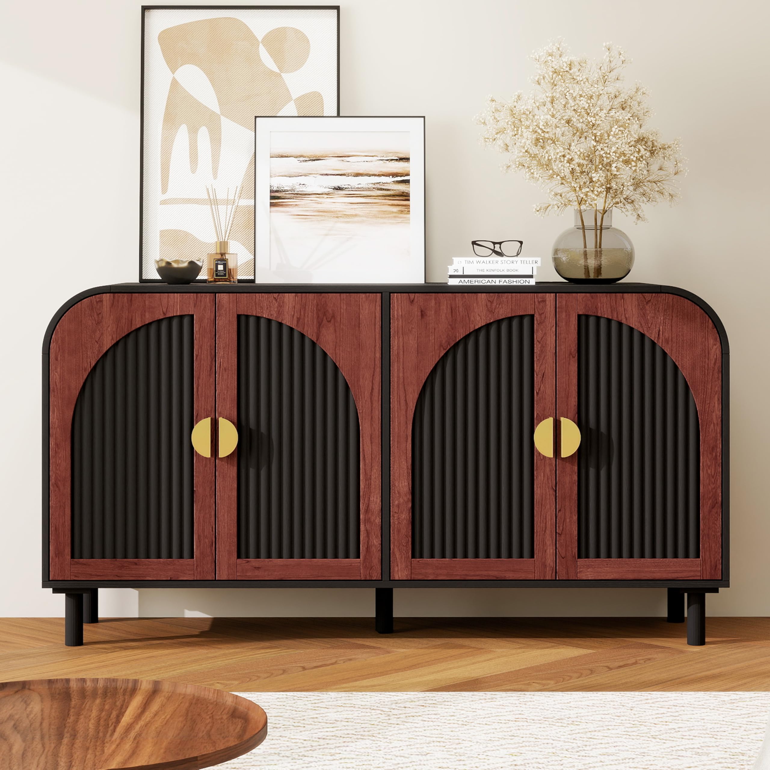 Hmluxury Retro Sideboard Mit Gewölbten Fronten, 150 cm Anrichte Aus MDF, 4 Türen, Verstellbare Einlegeböden, Soft-Close-Scharniere Für Esszimmer & Flur Küche, Haushalt & Wohnen