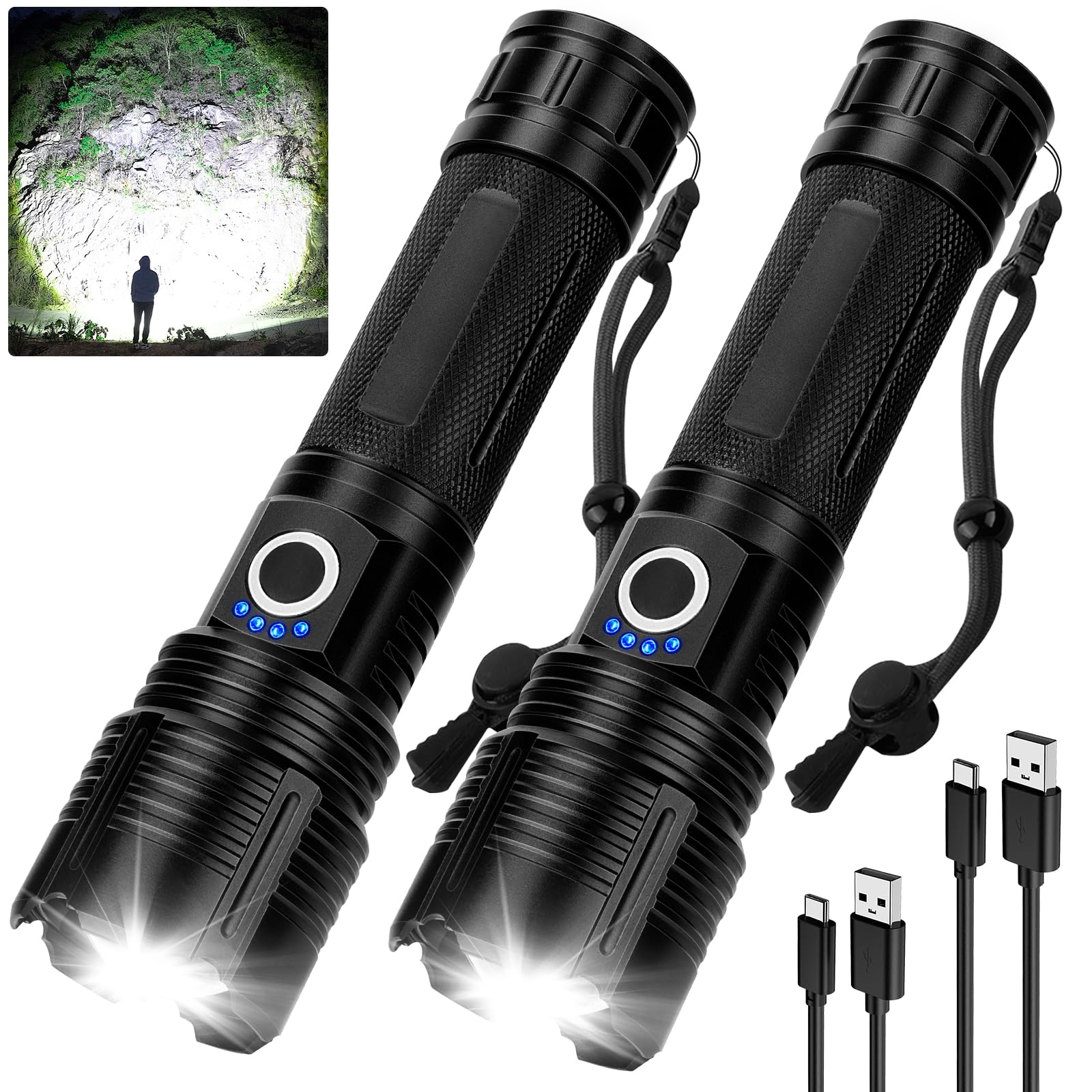 Vinderfine 2Pack Flashlights High Lumens Rechargeable, 99,000 Lumens Super Bright LED Flashlight, Powerful Flash Light with 5 Modes, Flashlights for Home Camping, IPX7 Waterproof
