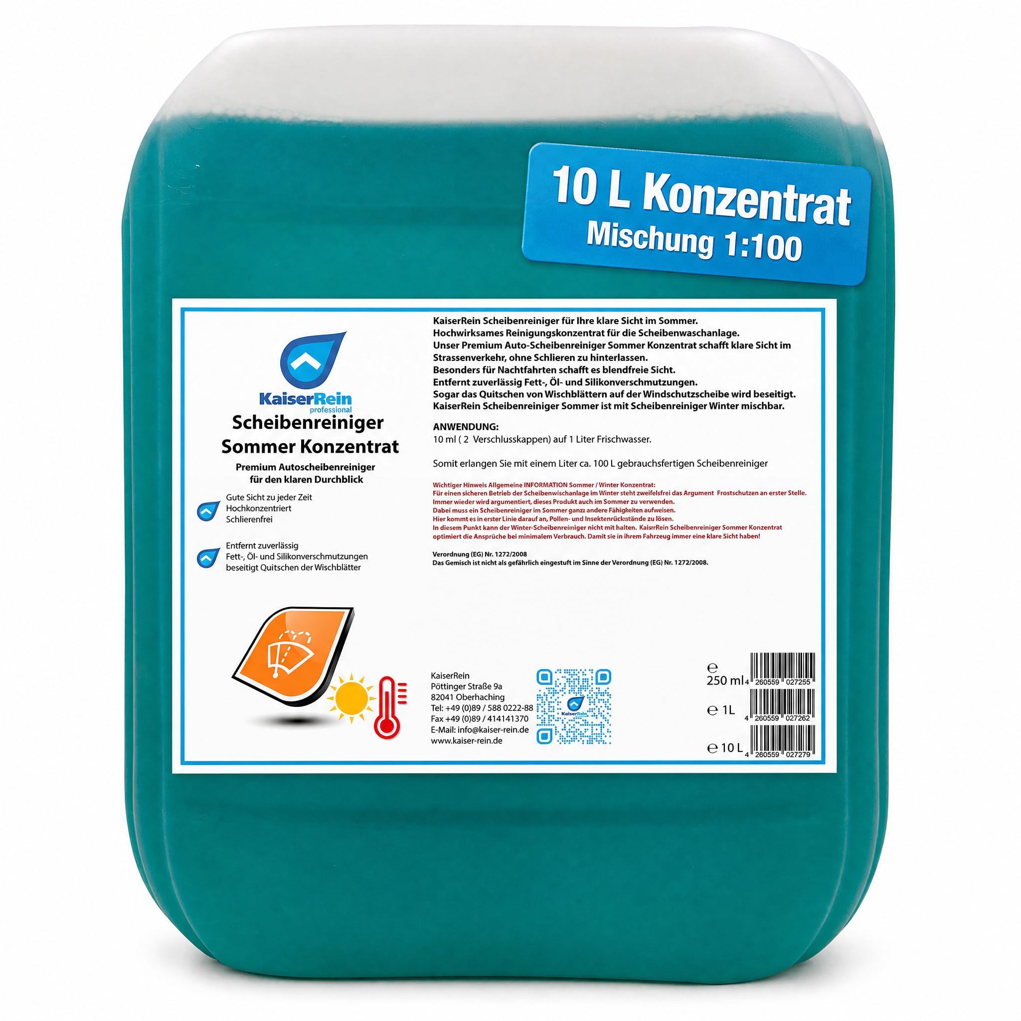 KaiserRein Scheibenreiniger Auto Sommer Konzentrat 10L Kanister Scheibenwischwasser Auto Wischwasser Sommer guter Geruch Autoscheibenreiniger