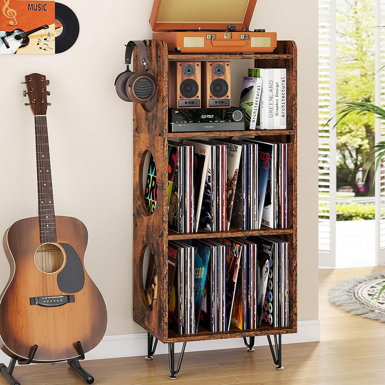 ikkle Record Player Stand with Vinyl Storage, 4-Tier Large Record