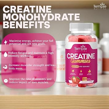 NEW Creatine Monohydrate Gummies 5000mg for Men & Women - 120 Chewable Creatine Gummies (1 Months Supply) - Strawberry Flavoured Creatine, Pre Workout Gym Supplement, Suitable for Vegans