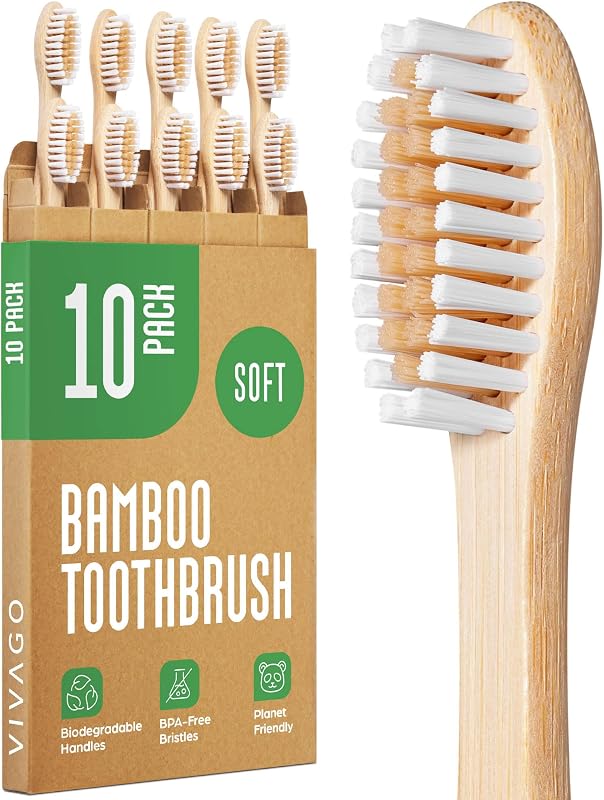 VIVAGO Paquete de 10 cepillos de dientes de bambú – Cepillos de dientes de cerdas suaves para adultos | Cepillo de dientes natural, ecológico, cepillo de dientes de madera, sin BPA