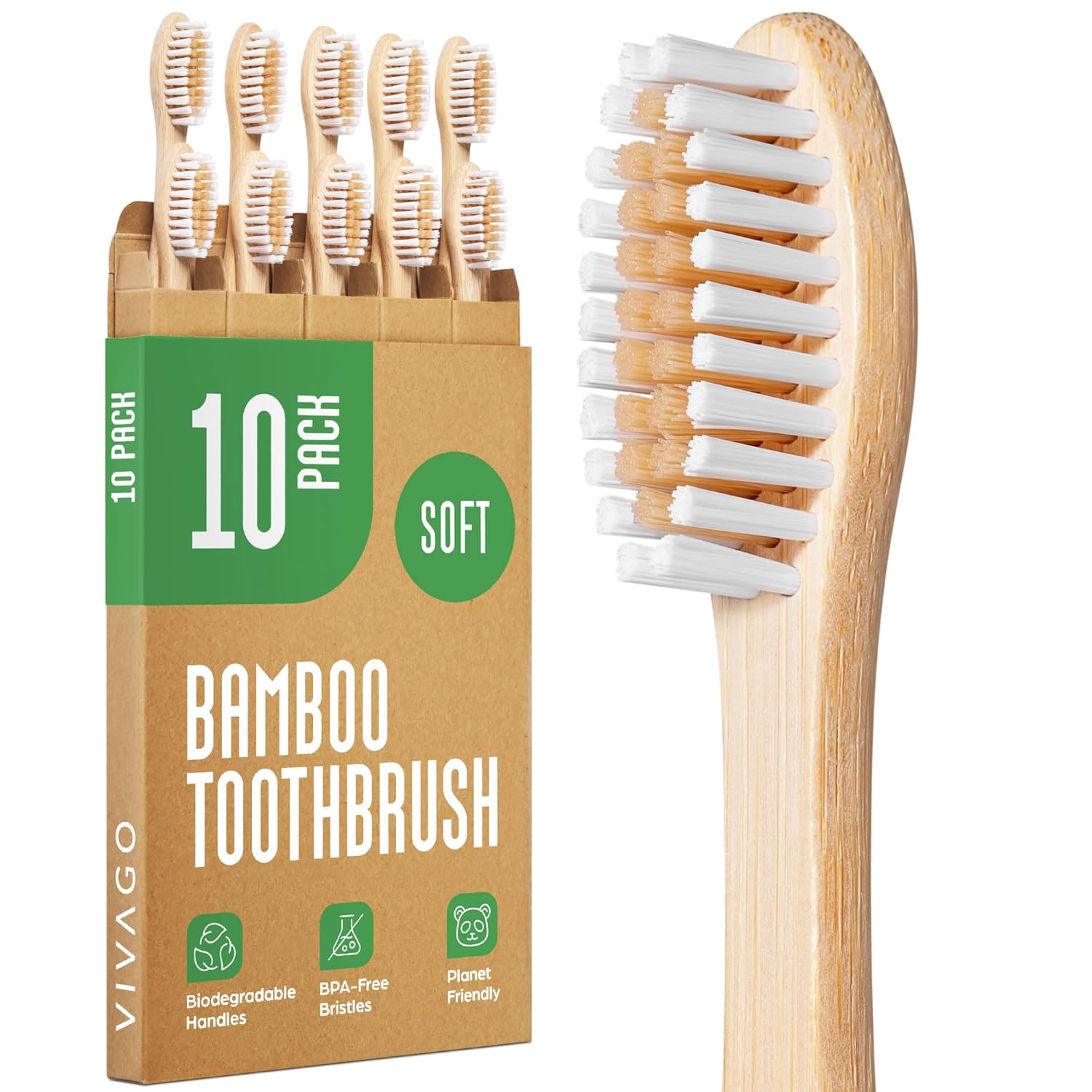Bamboo Toothbrushes 10 Pack - BPA Free Soft Bristles Toothbrushes Eco-Friendly Natural Wooden Toothbrush