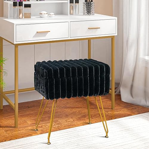 Taburete de tocador de piel sintética negra con otomana de almacenamiento, silla de tocador para sala de maquillaje, taburetes de tocador para Negro