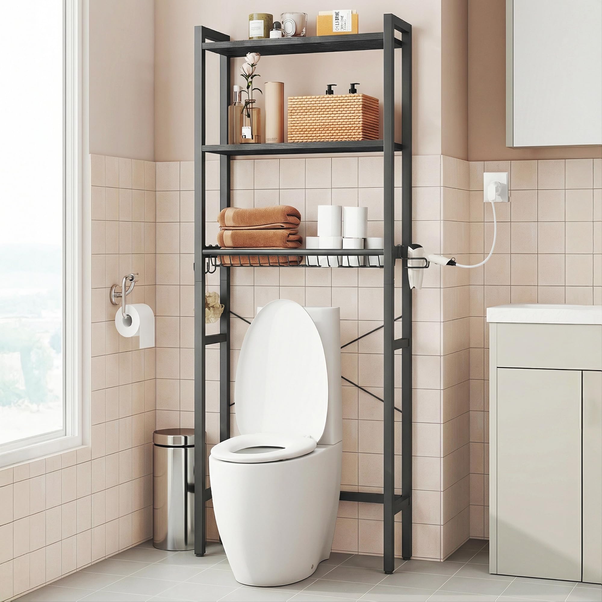 VASAGLE Over The Toilet Storage, Over Toilet Bathroom Organizer with Adjustable Shelves and Basket, 3 Hooks, Space Saving, 9.4 x 23.6 x 63 Inches, Ebony Black UBTS113BE01S