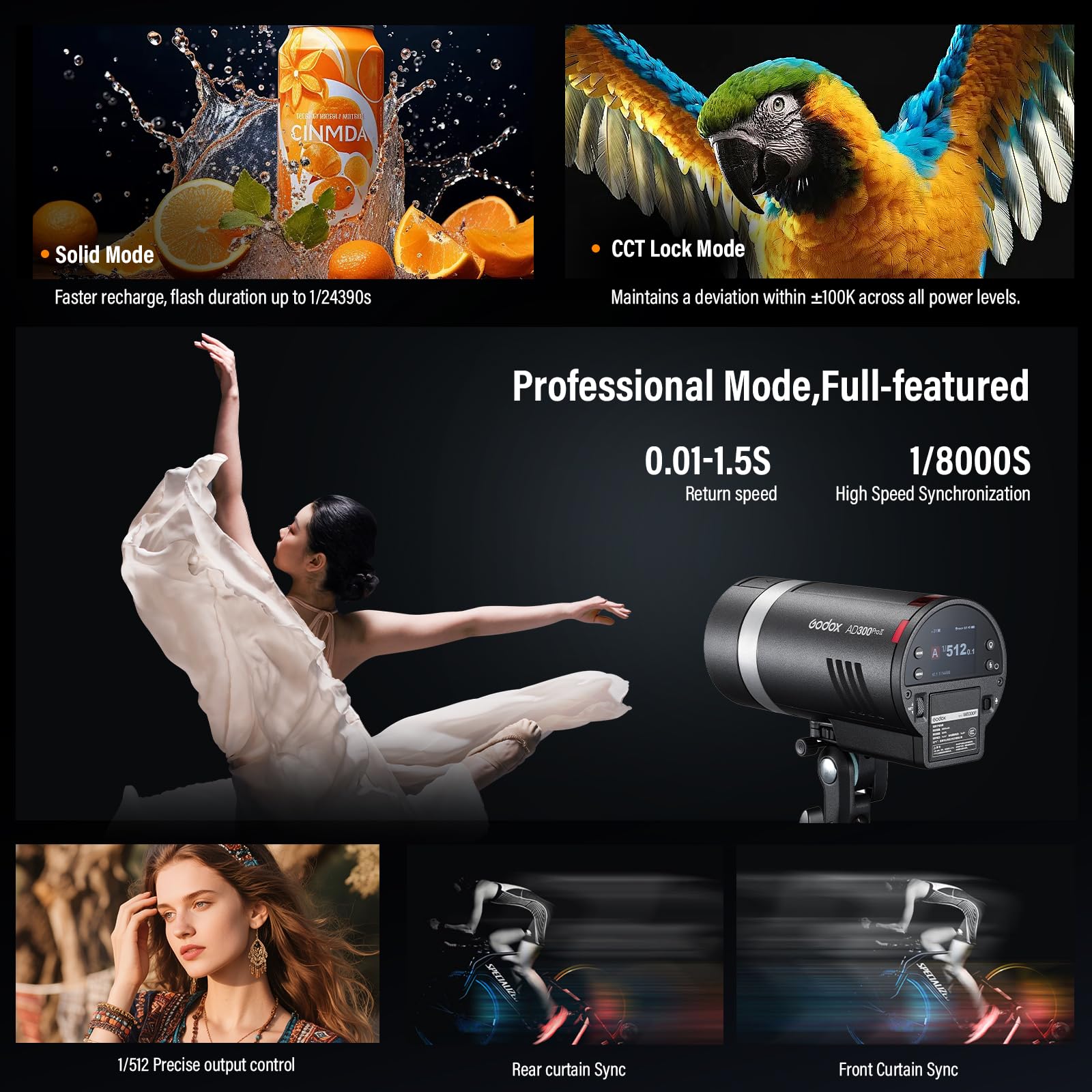 GODOX AD300Pro II AD300 ProII 300Ws TTL Flash Strumentale Esterno HSS 1/8000s 350 Flash Regolazione a 10 Livelli Indicatore a 16 Gruppi Lampada Modellante Bicolore 12W 2800K-6000K (AD300Pro 2026)