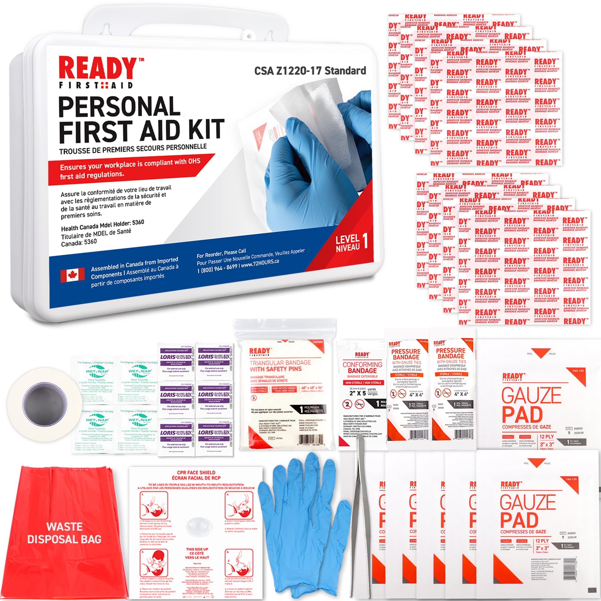Ready First Aid - CSA Type 1 Personal First Aid Kit with Waterproof Plastic Box, Suitable For Solo Worker In A Low Risk Environment, for Emergency at Workplace, Home, Office, Travel, Car