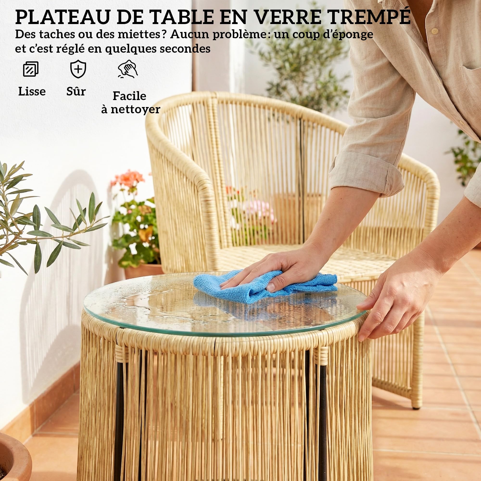 Outsunny Salon de Jardin en Résine Tressée pour 2 Personnes Table Crème | Mobilier d'Extérieur, 2 Chaises, Plateau en Verre, Coussins Inclus, Idéal Balcon, Terrasse, Patio