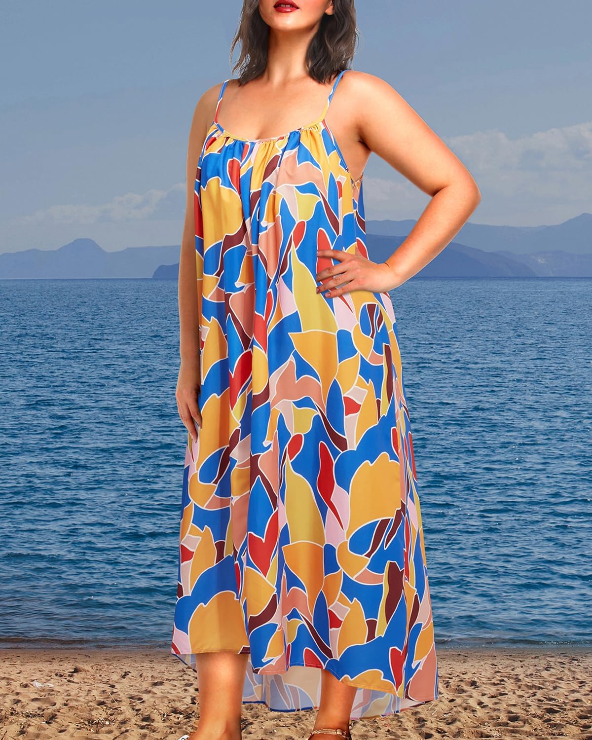 Plus Size Swimsuit Cover Up Women Maxi Spaghetti Strap Coverup Sleeveless Summer Cover Dress